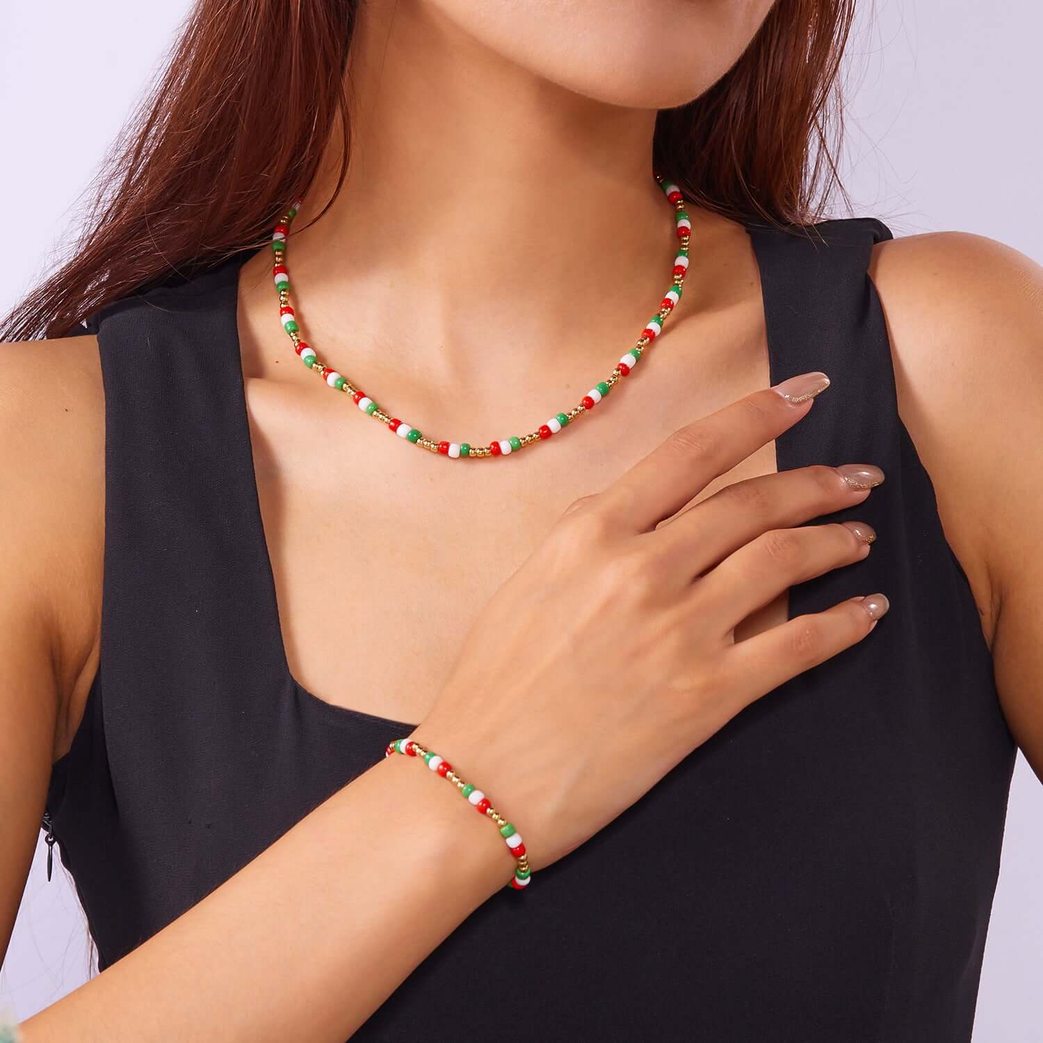 Vibrant Red Green Rainbow Seed Beads Christmas Jewelry Set - Choker Necklace & Bracelet | NC427 | Perfect for Holiday Parties, Gift Giving & Festive Outfits