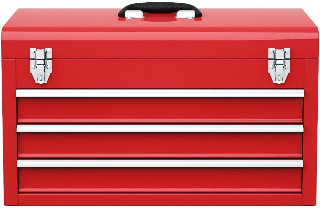 IRONMAX Lockable Steel Tool Chest with 3 Drawers & Top Tray - Heavy Duty Portable Tool Box for Home, Garage, Workshop & Job Site - Secure Storage for Tools & Equipment (Red)