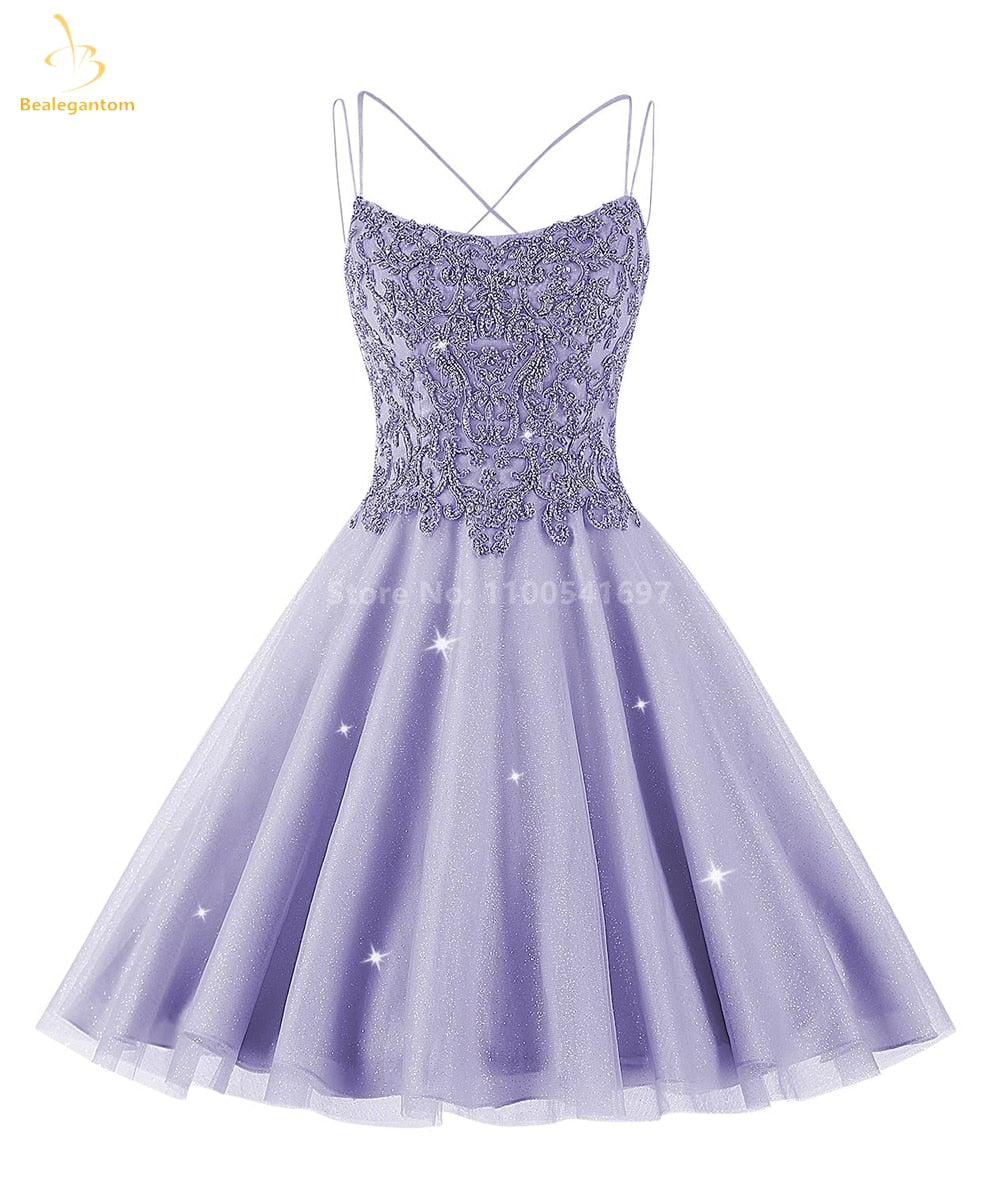 Sparkly Beaded Lace Spaghetti Strap Prom Dress - Bealegantom Short Tulle Cocktail Party Gown for Homecoming, Pageant, Graduation - Perfect for Dances, Formal Events & Special Occasions