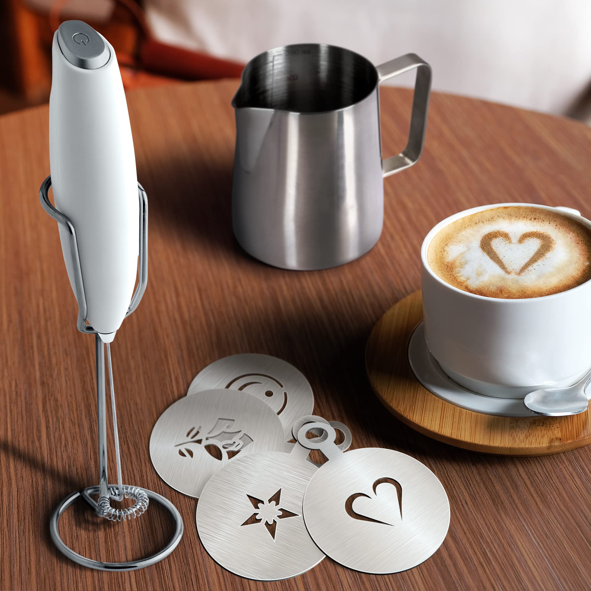 Upgraded Milk Boss Handheld Milk Frother for Coffee - Electric Foam Maker & Drink Mixer with Pitcher, Stencils & Stand - Perfect for Lattes, Cappuccinos & Hot Chocolate at Home or Cafe