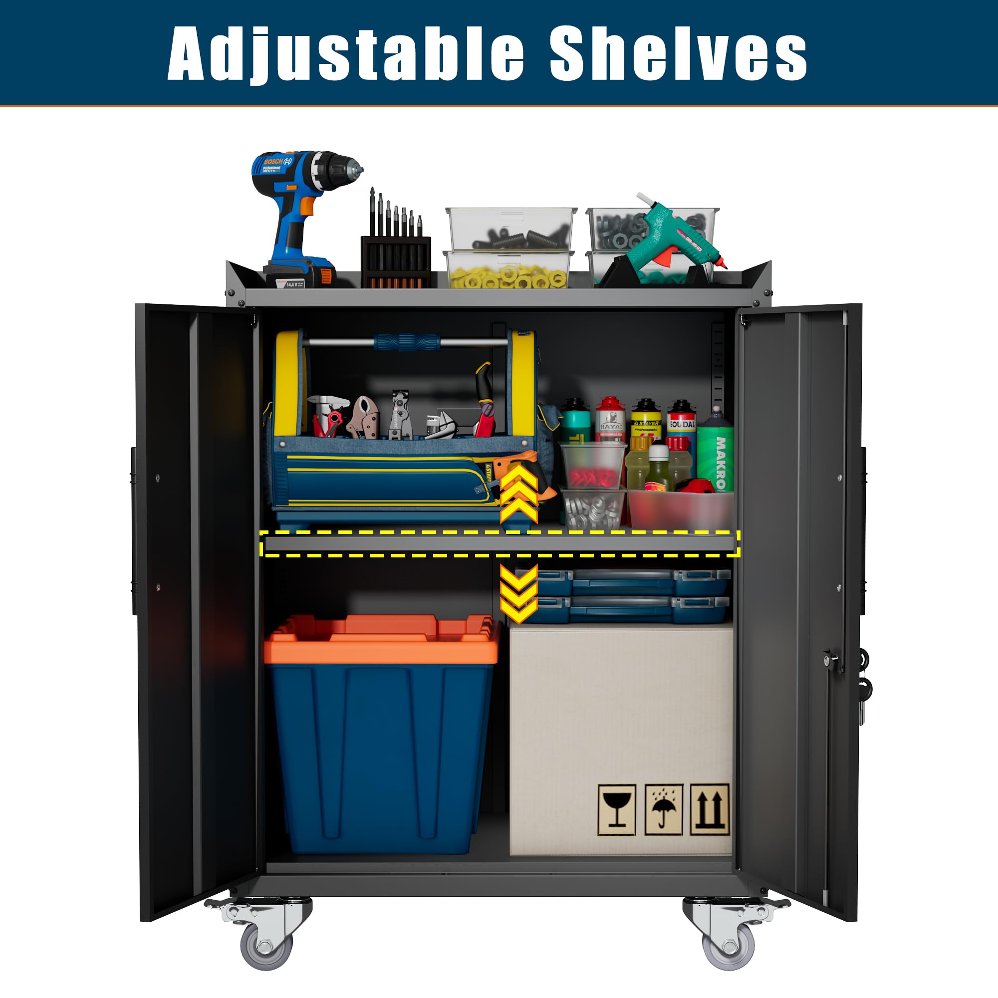 Heavy-Duty Locking Metal Storage Cabinet with Wheels - 2-Door Black Steel Cabinet with Adjustable Shelf for Office, Garage, Home, Classroom, Workshop & Pantry Organization - Secure Storage Solution for Tools, Files & Supplies