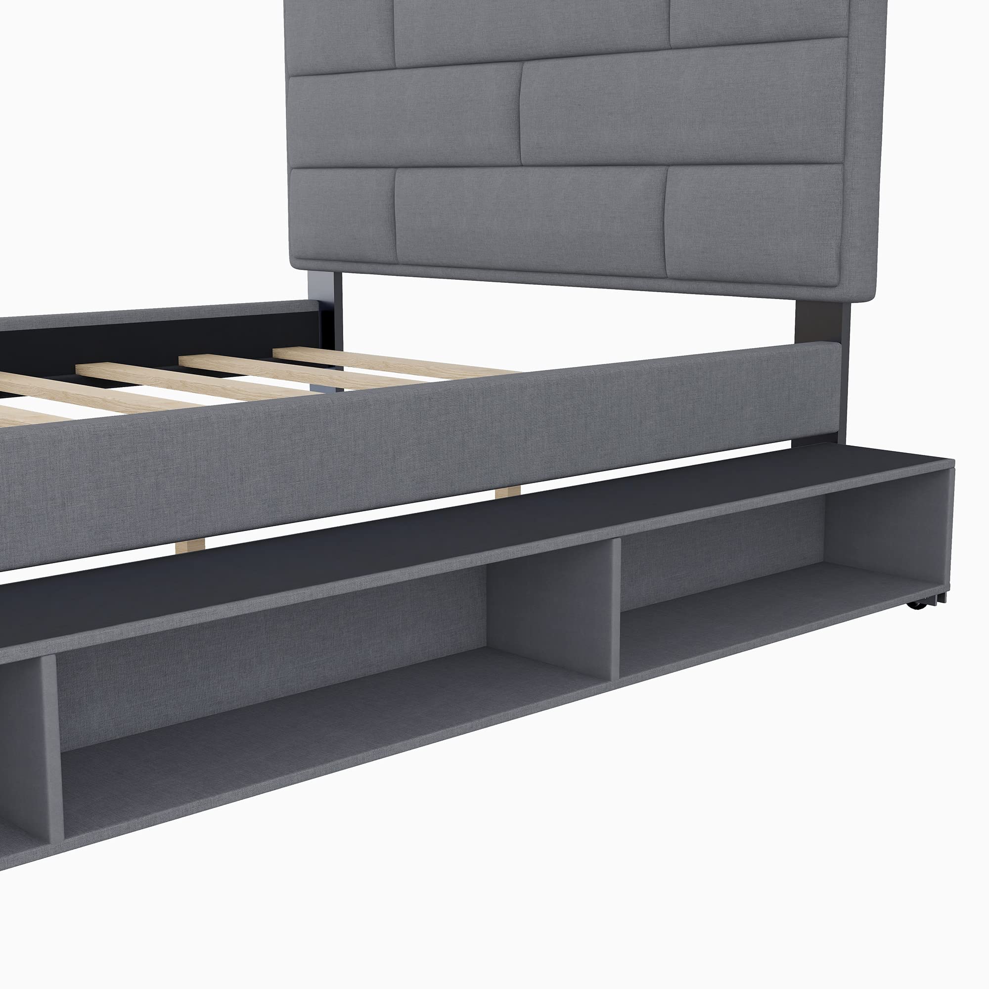 Linen Upholstered Platform Bed Frame with Storage Drawer & Shelves - Full Size Twin Wood Bed Frame in Gray | Modern Bedroom Furniture for Small Spaces & Guest Rooms