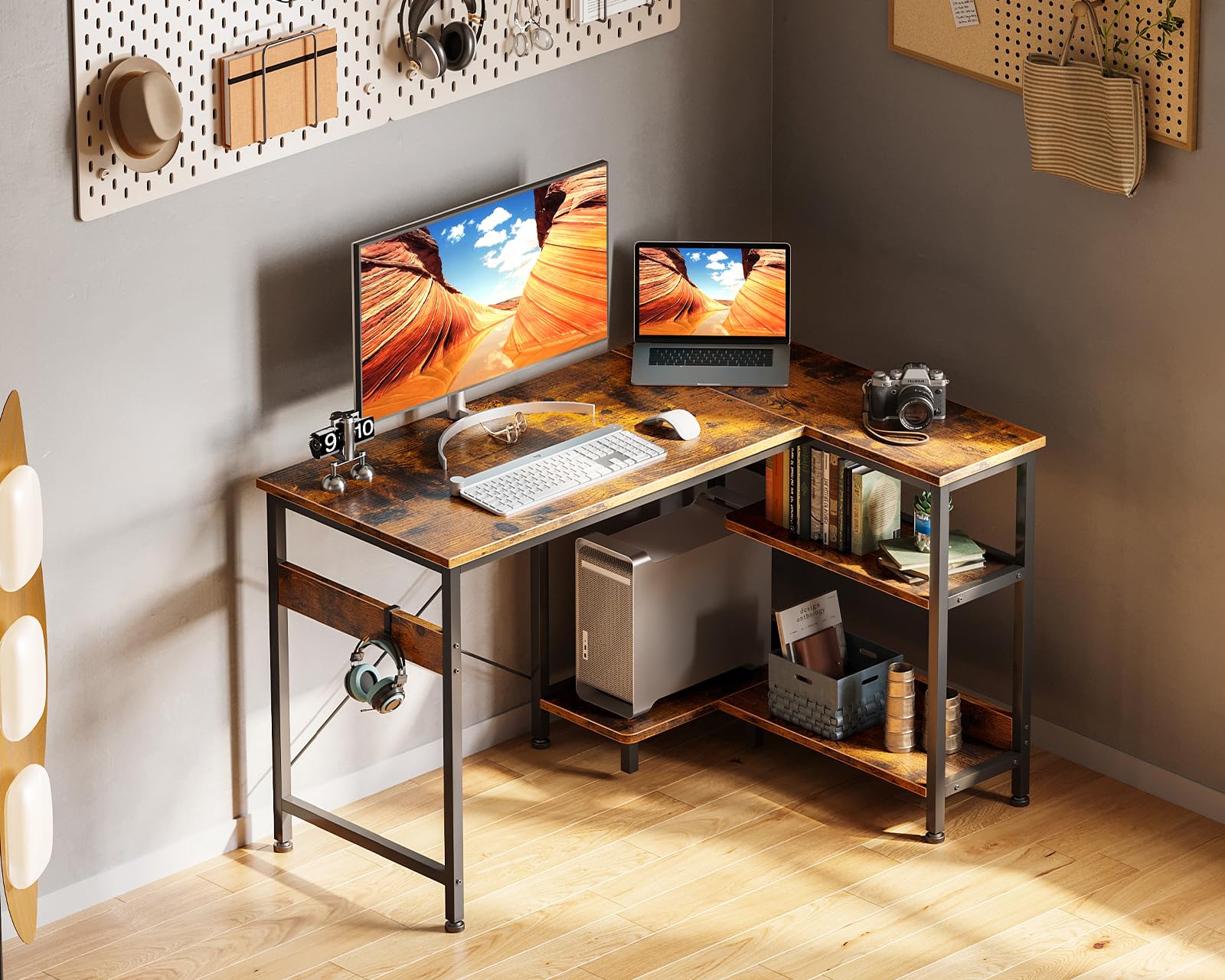 ODK 40 Inch Small L-Shaped Corner Desk with Reversible Storage Shelves & Monitor Stand - Space-Saving Home Office Desk for Small Spaces, Rustic Brown - Perfect for Gaming, Studying & Remote Work