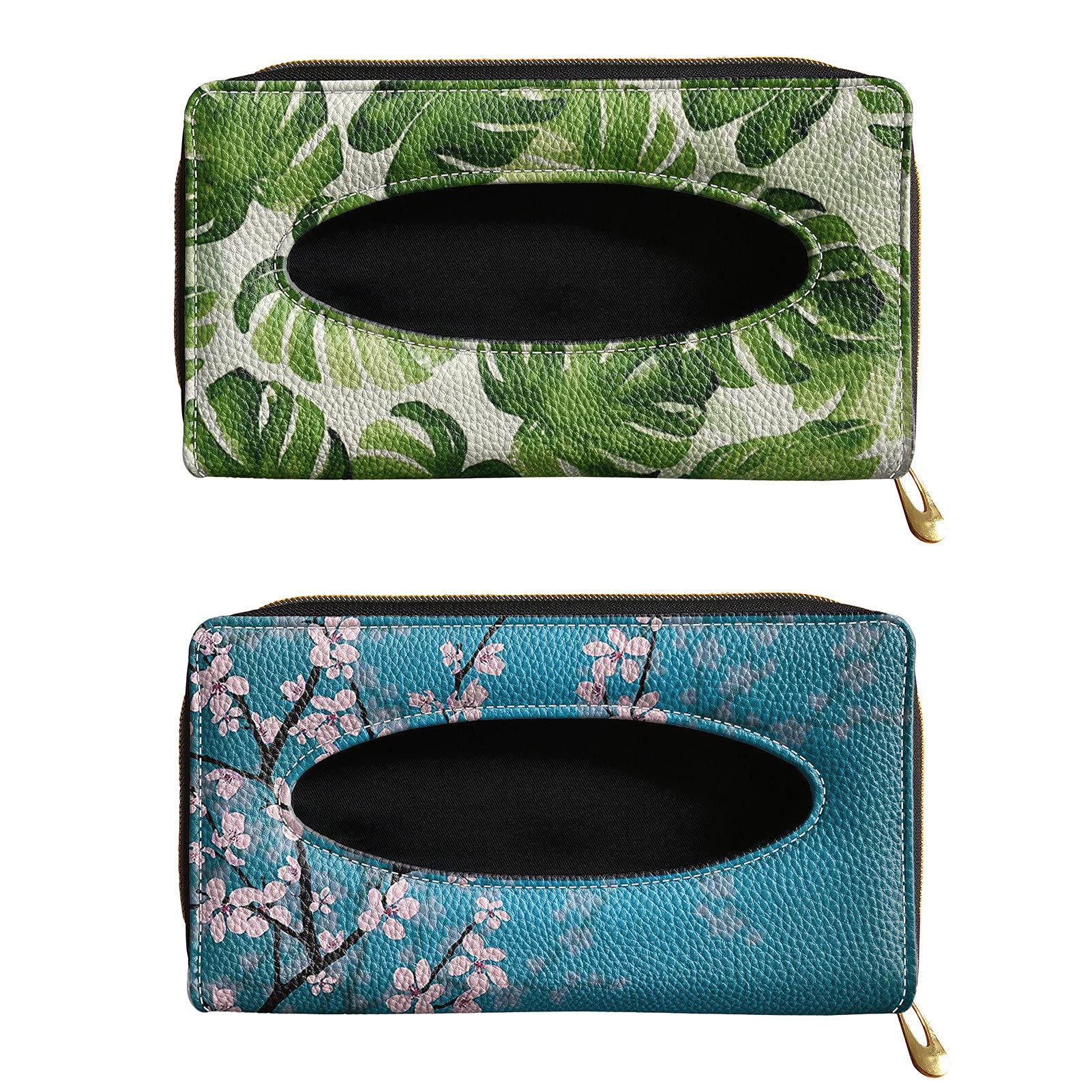 2-Pack PU Leather Car Visor Tissue Holder - Tropical Palm Tree & Blossom Flower Design, Universal Backseat Napkin Organizer for Cars | Perfect for Road Trips, Commutes & Travel Accessories