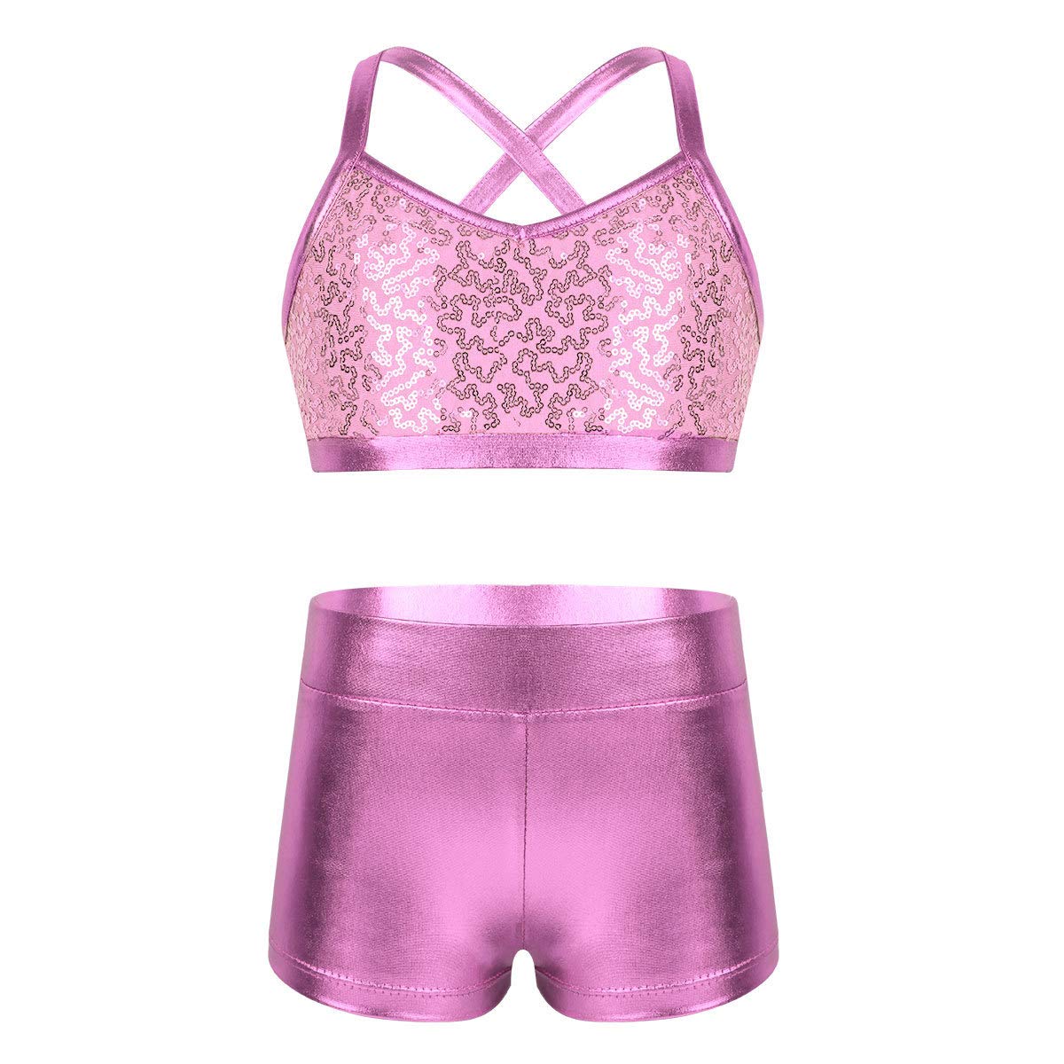 Girls Dance Outfit - Sequin Strappy Crop Top & Shiny Metallic Shorts Set for Hip Hop, Jazz, Ballet | Kids Streetwear Performance Costume for Dance Class, Competition & Stage Shows