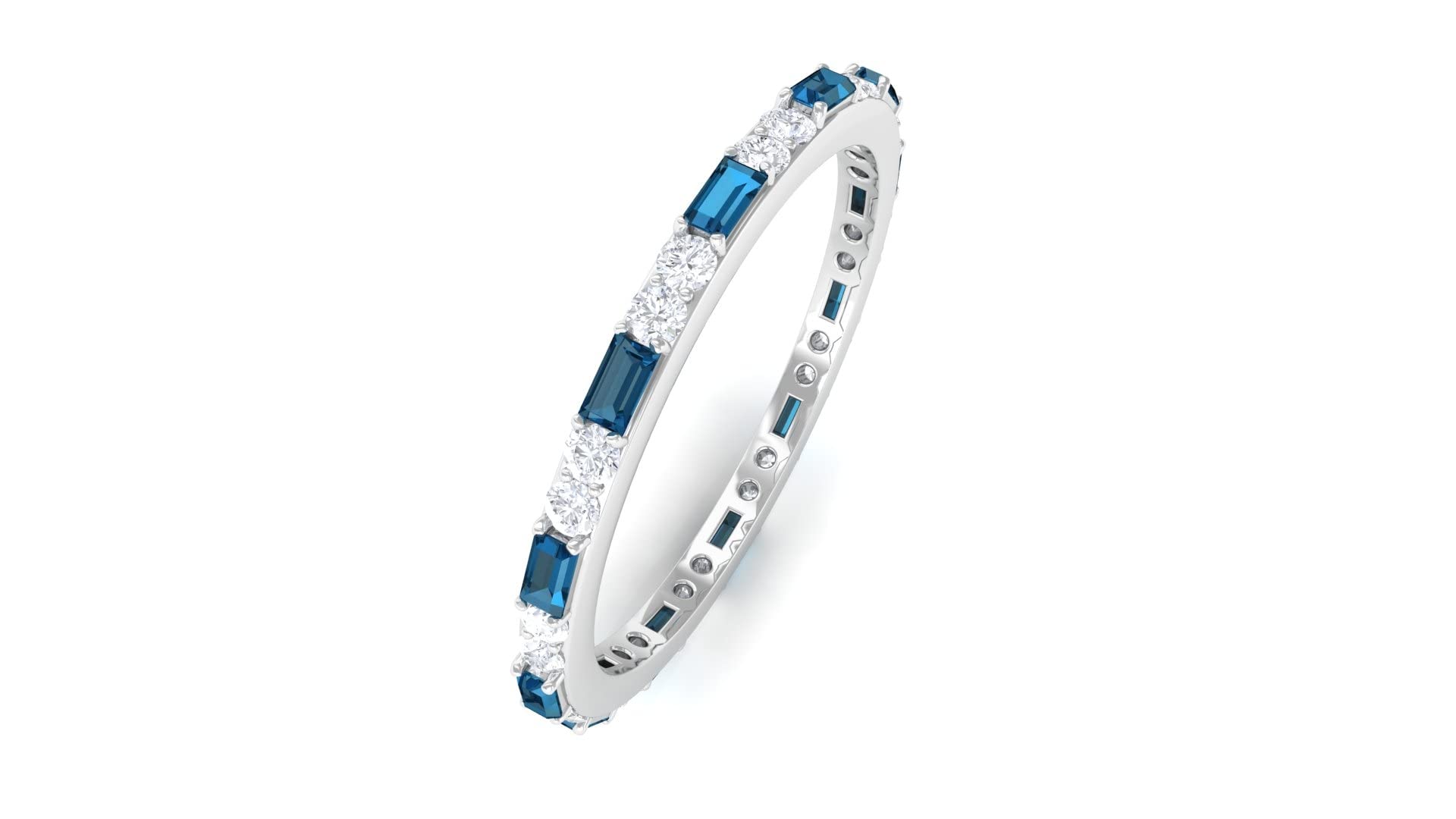 3/4 CT London Blue Topaz & Diamond Eternity Ring - 14K Solid Gold Baguette Cut Blue Topaz Wedding Band - Elegant Stackable Ring for Anniversary, Engagement & Special Occasions