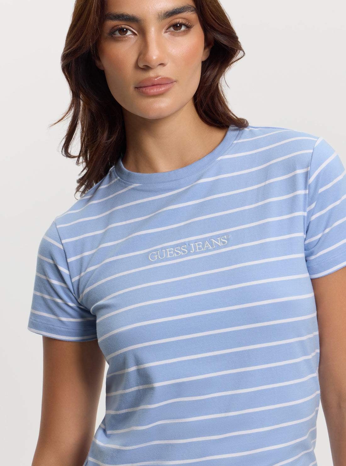 Guess Women's Blue Striped T-Shirt | Casual Short Sleeve Cotton Top for Everyday Wear | Perfect for Summer Outfits, Beach Days & Weekend Errands