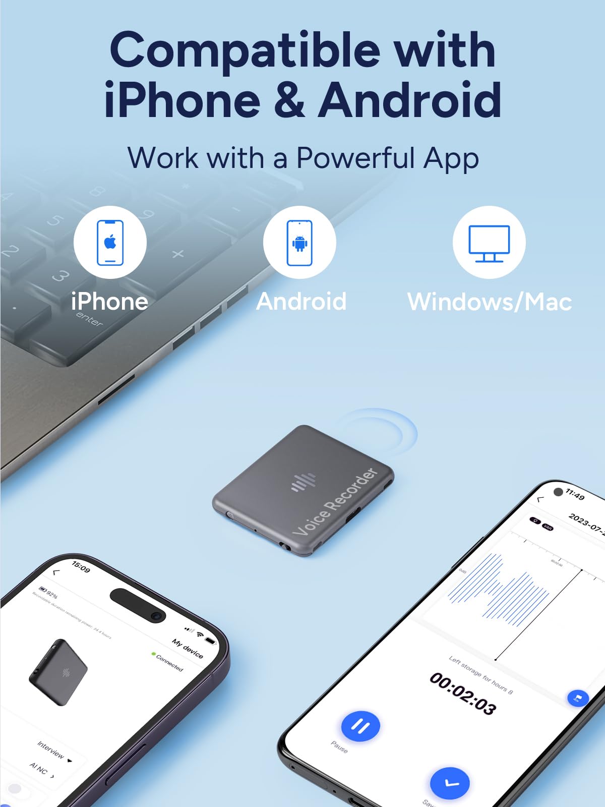Smart Voice Activated Recorder with Phone App - 30 Hours Continuous Recording, Mini Audio Recording Device with AI Noise Cancellation, 32GB Memory (Grey) - Perfect for Lectures, Meetings & Secret Recording
