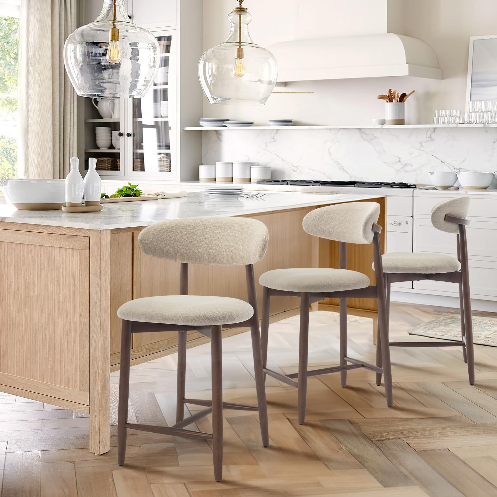 Modern Upholstered Counter Height Bar Stools Set of 3 - Kitchen Island Stools with Back & Wood Legs - Beige - Perfect for Kitchen Island, Dining Room, and Home Bar Decor