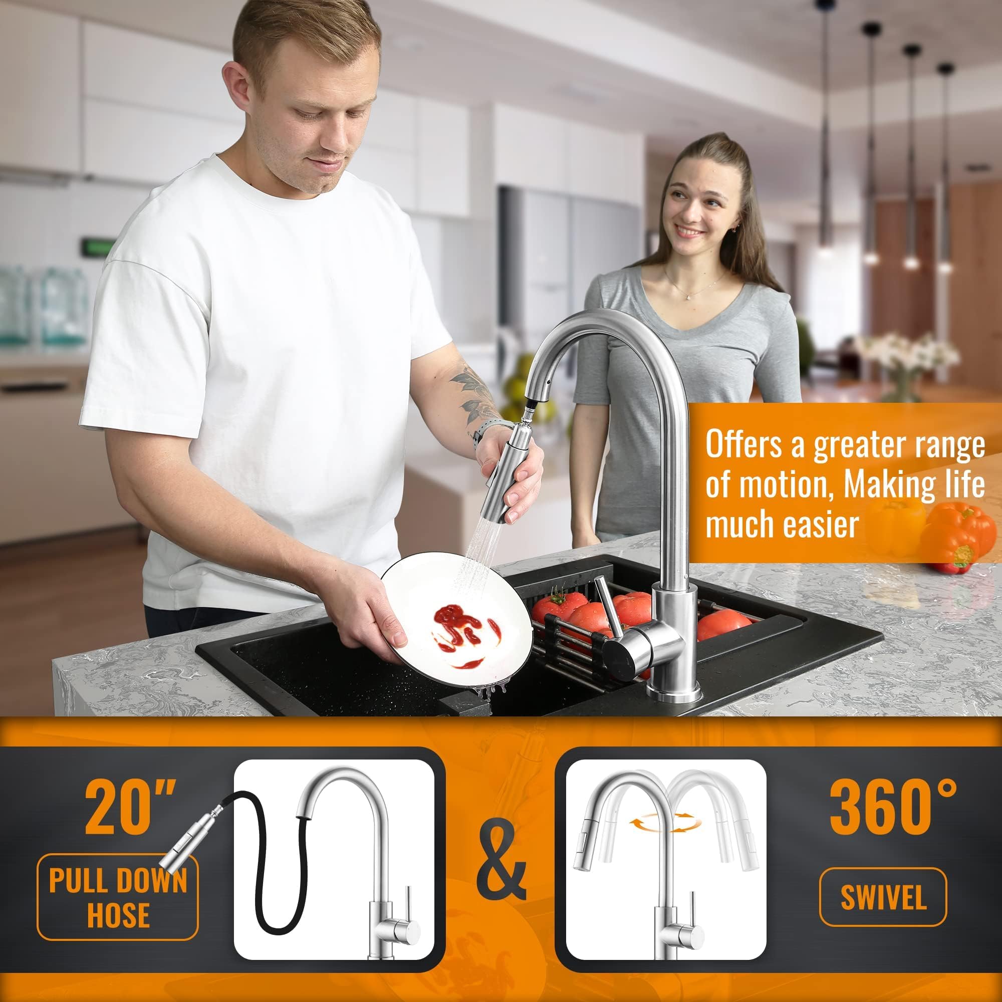 APPASO Brushed Nickel Kitchen Faucet with Pull Down Sprayer and Soap Dispenser - Stainless Steel Modern Sink Faucet for RV, Bar, and Home Kitchen Use | Perfect for Washing Dishes, Filling Pots & Cleaning Produce