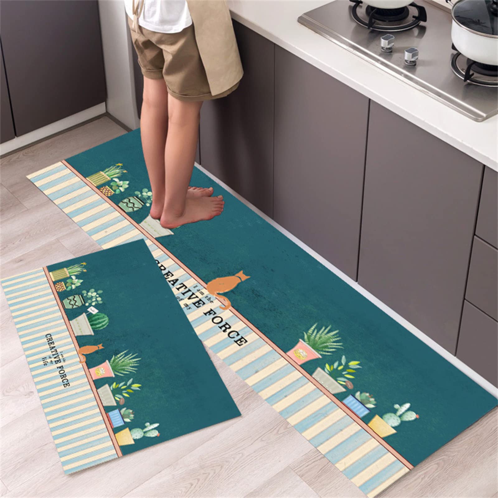 Non-Slip Kitchen Rugs Set - 2PC Washable Anti-Fatigue Mats for Kitchen & Office (Green)