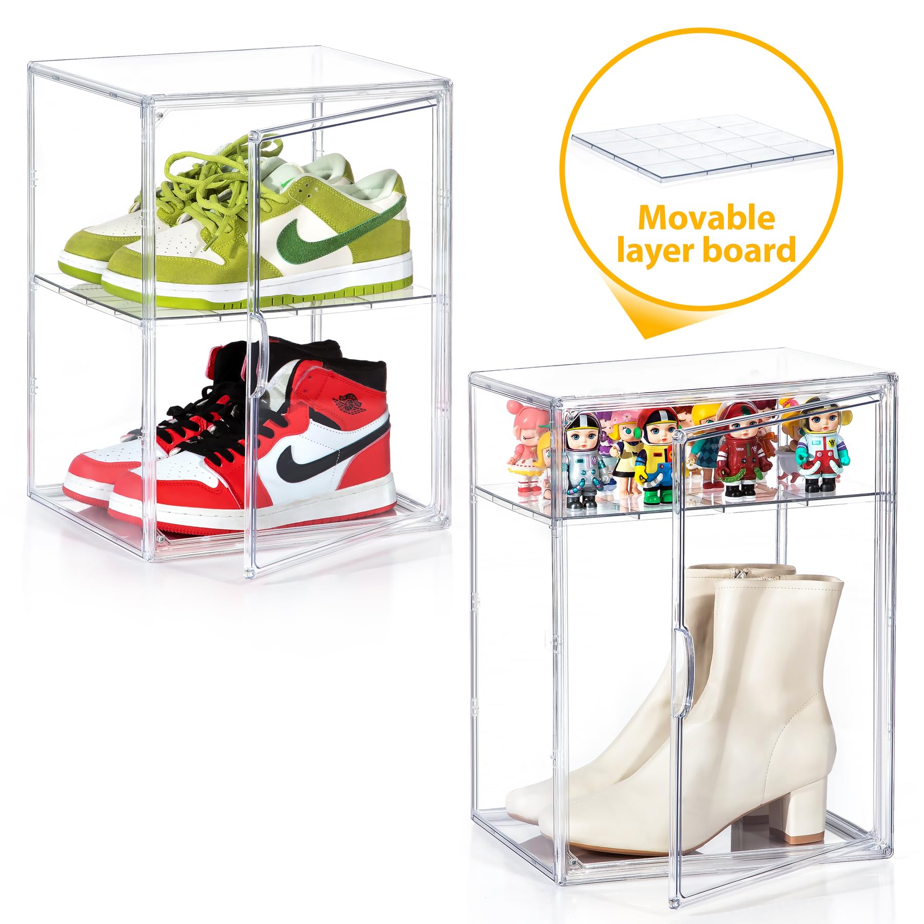 MMBABY 9-Pack Clear XX-Large Acrylic Shoe Storage Boxes with Adjustable Dividers - Stackable Boot Organizers with Magnetic Lids for Sneakers, Heels & Boots Display - Perfect for Closet, Bedroom & Entryway Organization