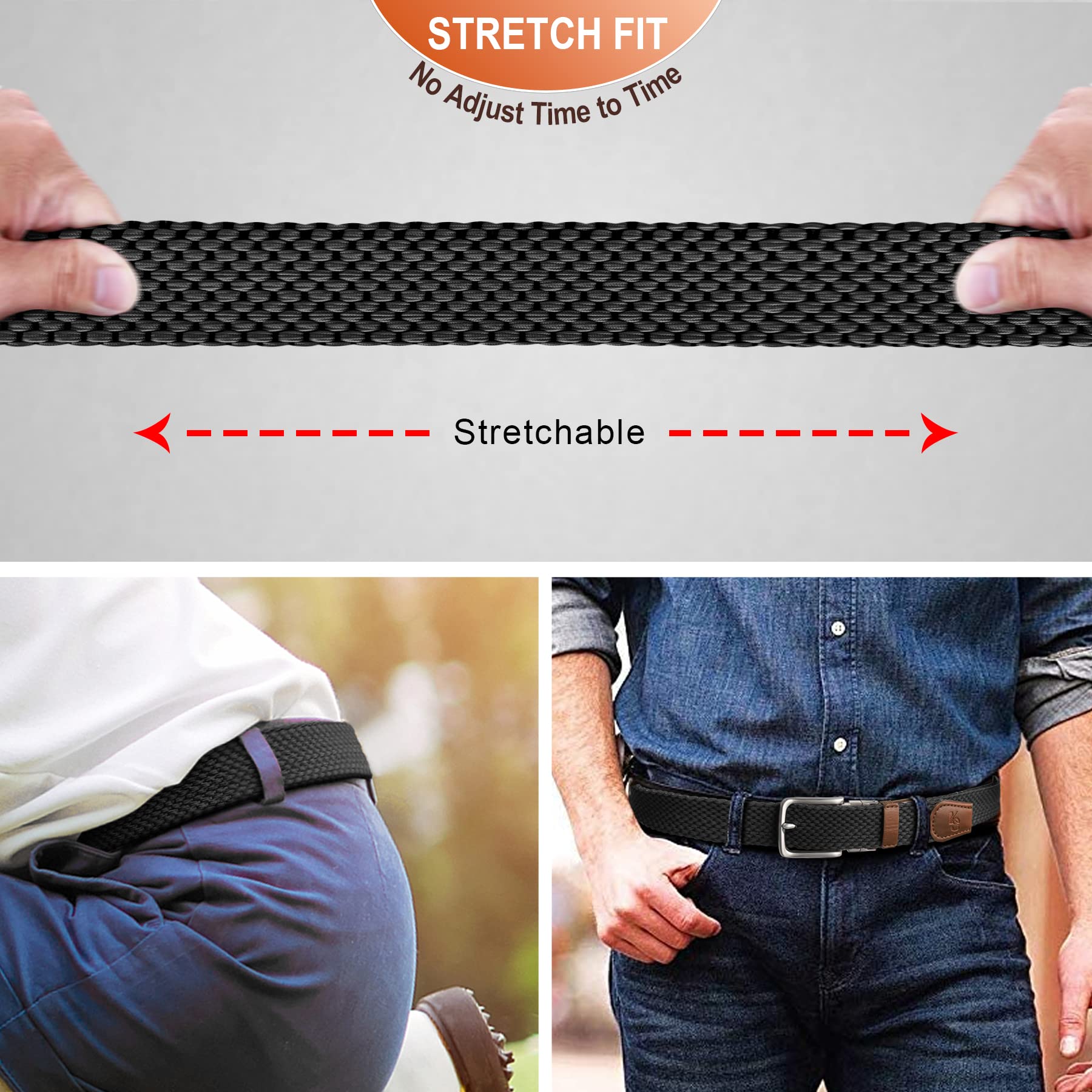 KEMISANT Reversible Braided Belt for Men - Stretchable Elastic Golf & Casual Wear - 1 3/8 Inch Width - 2-in-1 Design - Perfect Gift for Dad, Husband & Golfers - Ideal for Office, Travel & Outdoor Activities