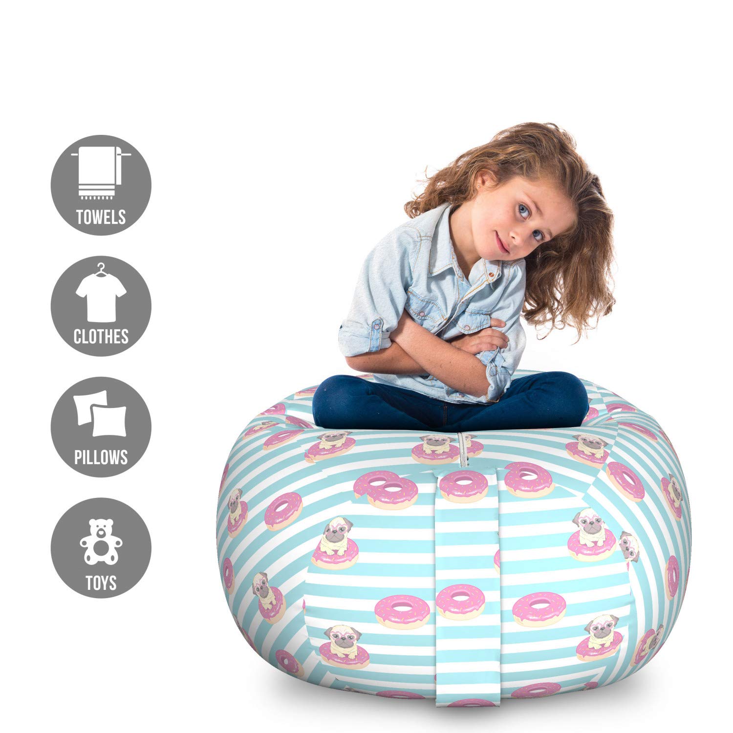 Ambesonne Large Washable Dog Toy Storage Bag Chair - Pug with Heart Glasses & Donuts Striped Design, Multicolor Stuffed Animal Organizer for Pet Lovers | Perfect for Kids' Rooms, Living Room & Dog Play Areas