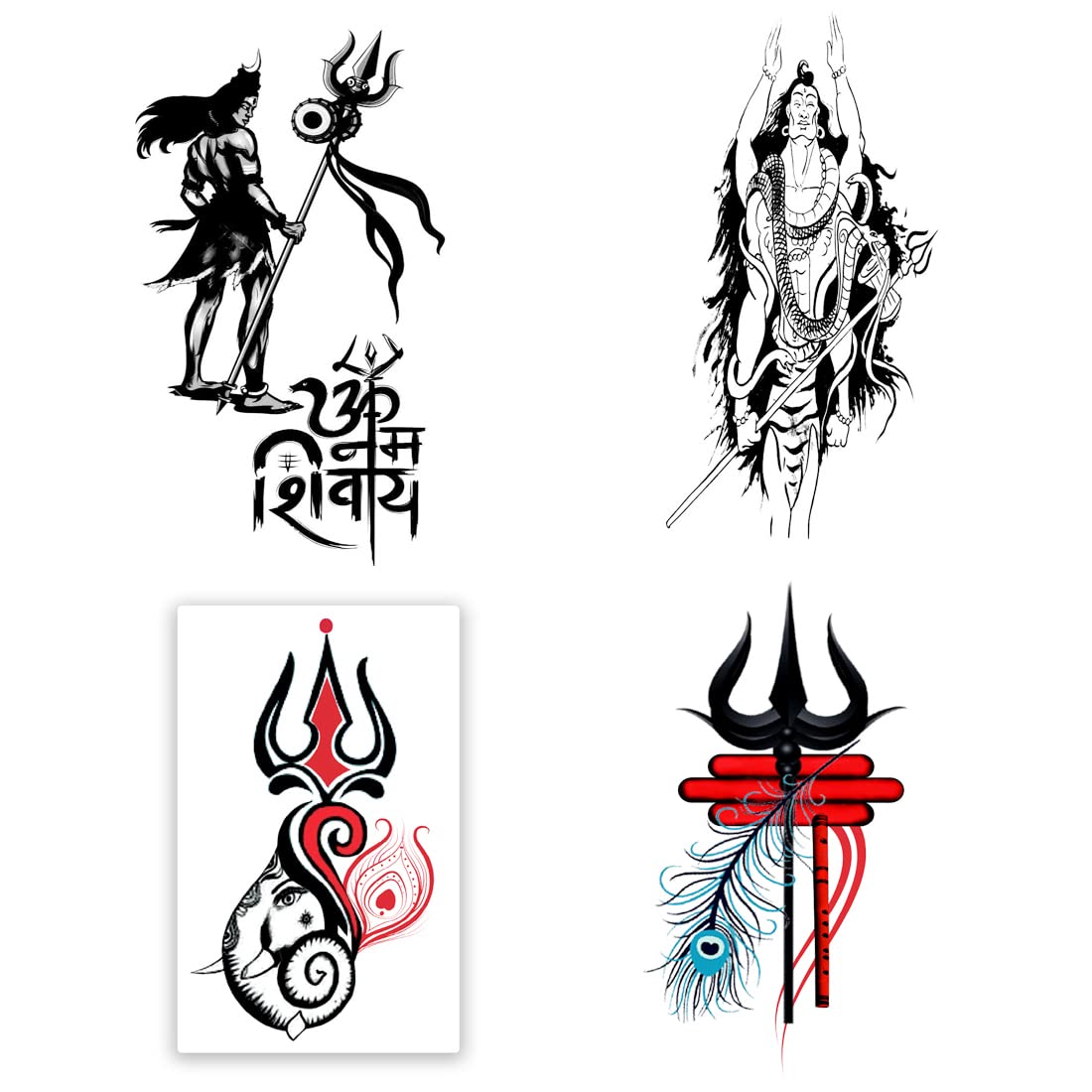 Om Trishul with Lord Shiva Temporary Tattoo Stickers - Pack of 4 Waterproof Body Art for Men & Women (2x4 Inch) - Perfect for Festivals, Yoga, Spiritual Events & Costume Parties