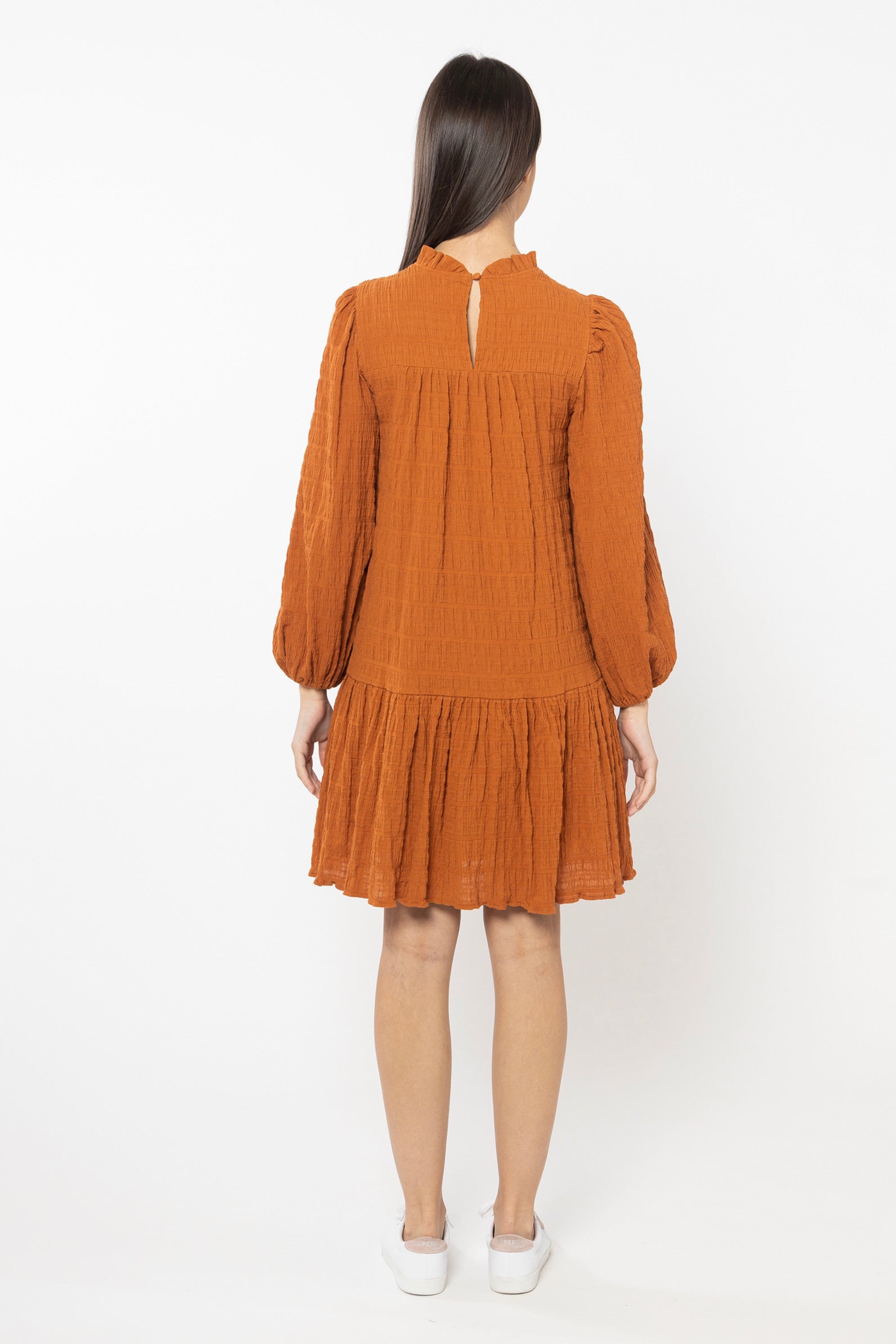 Cinnamon Shirred Cotton Long Sleeve Frill Hem Dress for Women | Boho Chic Flowy Maxi Dress for Casual Outings & Summer Vacations