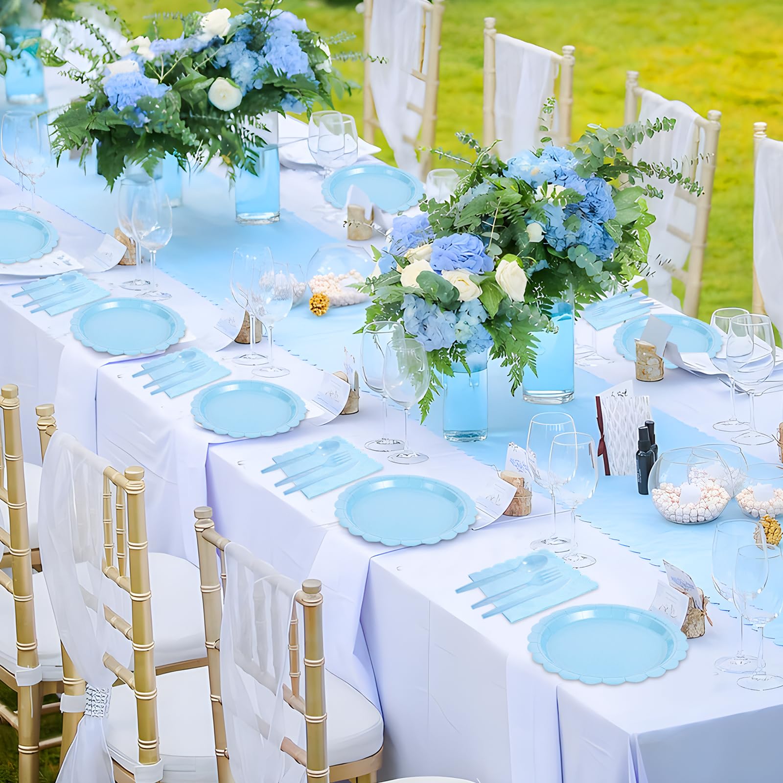 175 Pcs Light Blue Paper Plates & Napkins Set - Easter Party Supplies with Scalloped Plates, Napkins, Cups, Plastic Cutlery (Forks, Spoons, Knives) for Baby Shower, Wedding, Birthday - Perfect for Spring Celebrations, Bridal Showers & Outdoor Events