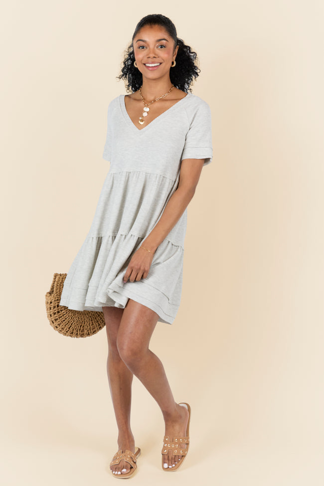Heather Grey Waffle Knit V-Neck Short Sleeve Dress for Women - Casual Summer Outfit for Beach, Brunch & Date Night