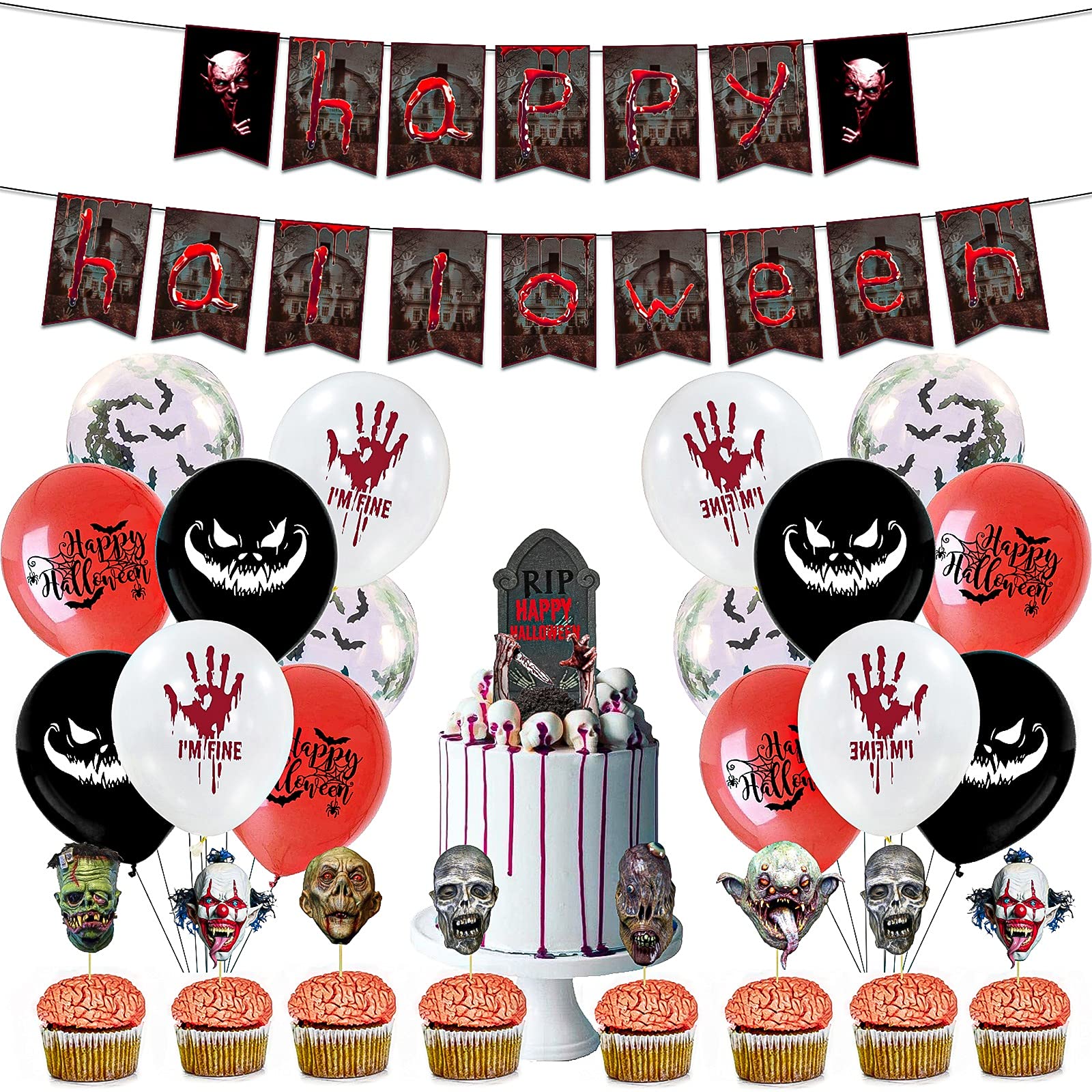 Lenugeo Halloween Party Decorations Set - Happy Halloween Banner, Balloons & Cake Toppers for Birthday, Festival Celebrations - Perfect for Halloween Parties, Home Decor & Spooky Themed Events