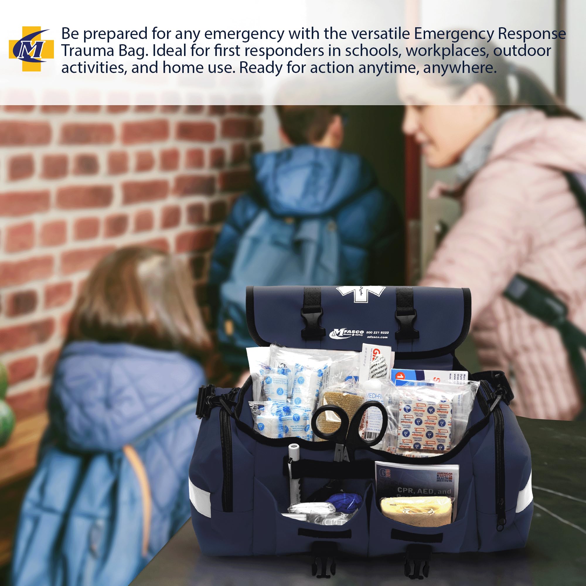 MFASCO 415-Piece First Aid Kit - Fully Stocked Emergency Medical Supplies for First Responders | Portable Reflective Bag for Natural Disaster Preparedness & Outdoor Survival | Customizable Storage | Blue First Aid Kit for Home, Car, Camping & Workplace Safety