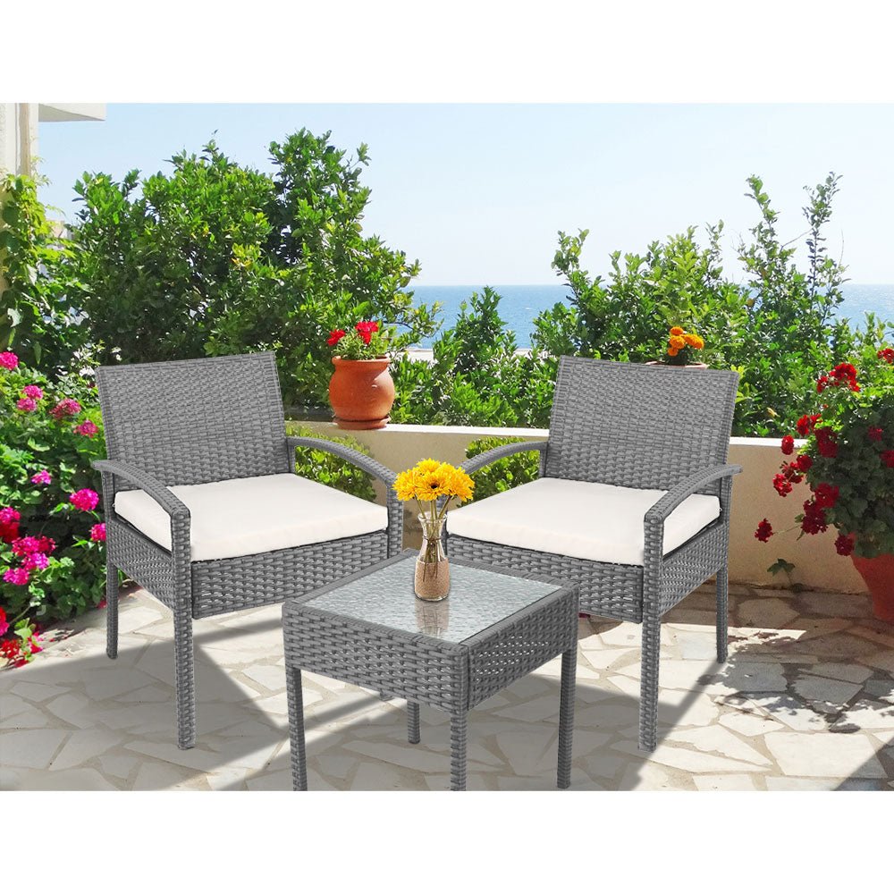3-Piece Patio Furniture Bistro Set - Outdoor Wicker Lounge Chairs & Table - Weather-Resistant Grey Rattan for Garden, Balcony, Backyard Dining & Relaxation
