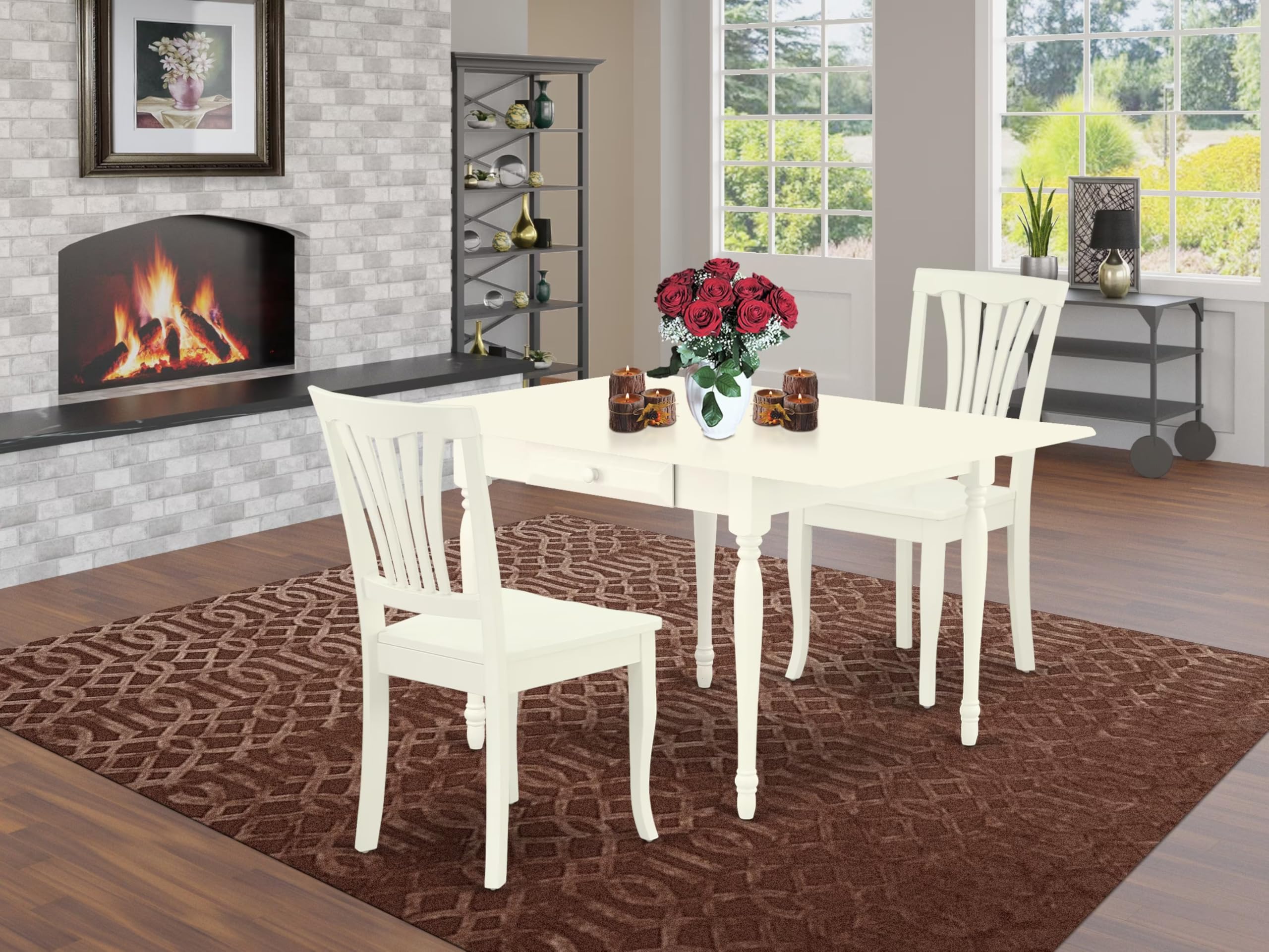 East West Furniture MZAV3-LWH-W 3-Piece Small Space Dinette Set with Drop-Leaf Rectangle Dining Table (36x54 Inch) & 2 Chairs - Linen White - Perfect for Apartments, Breakfast Nooks & Cozy Dining Areas