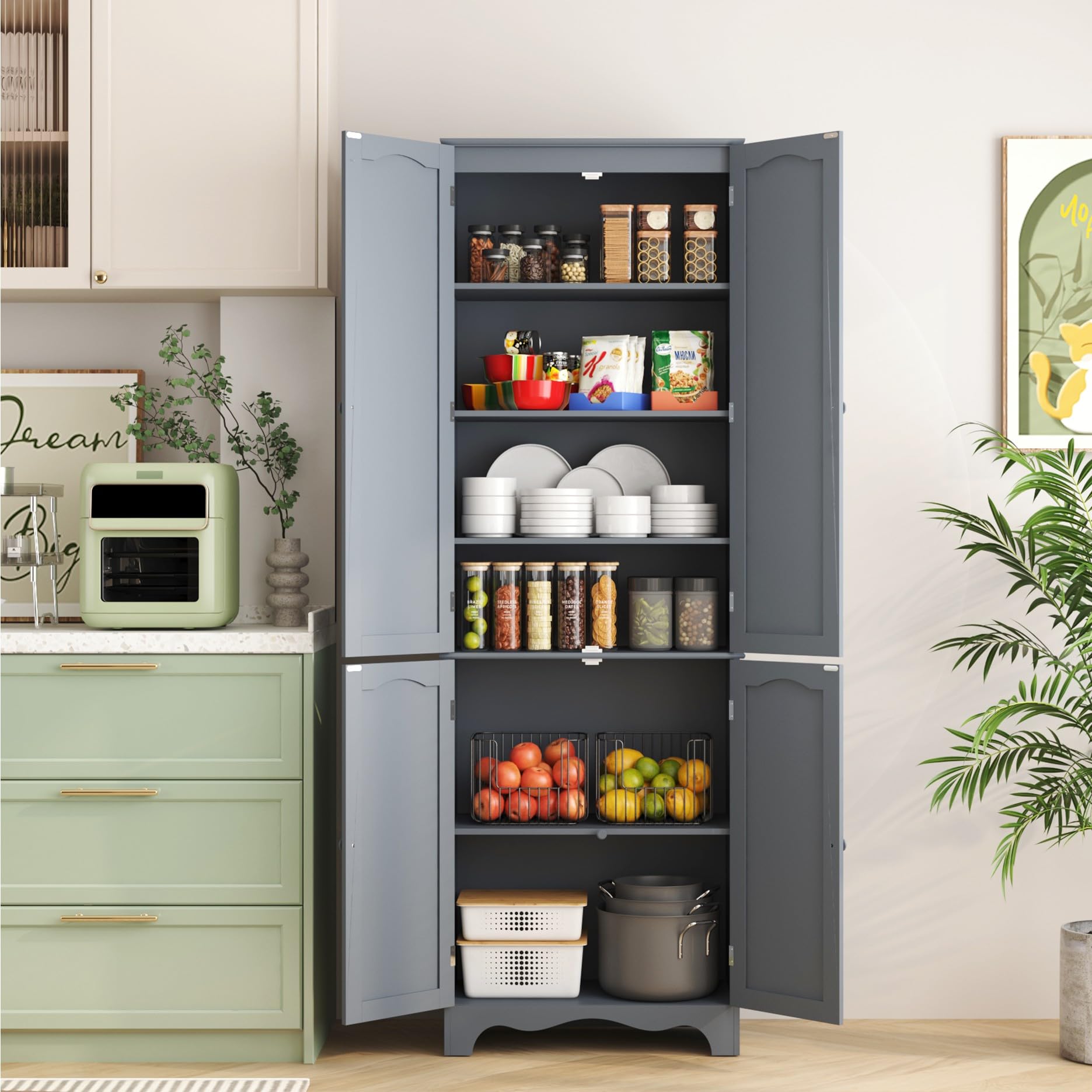 Tall Wooden Pantry Cabinet with 4 Doors & 5 Shelves - 72