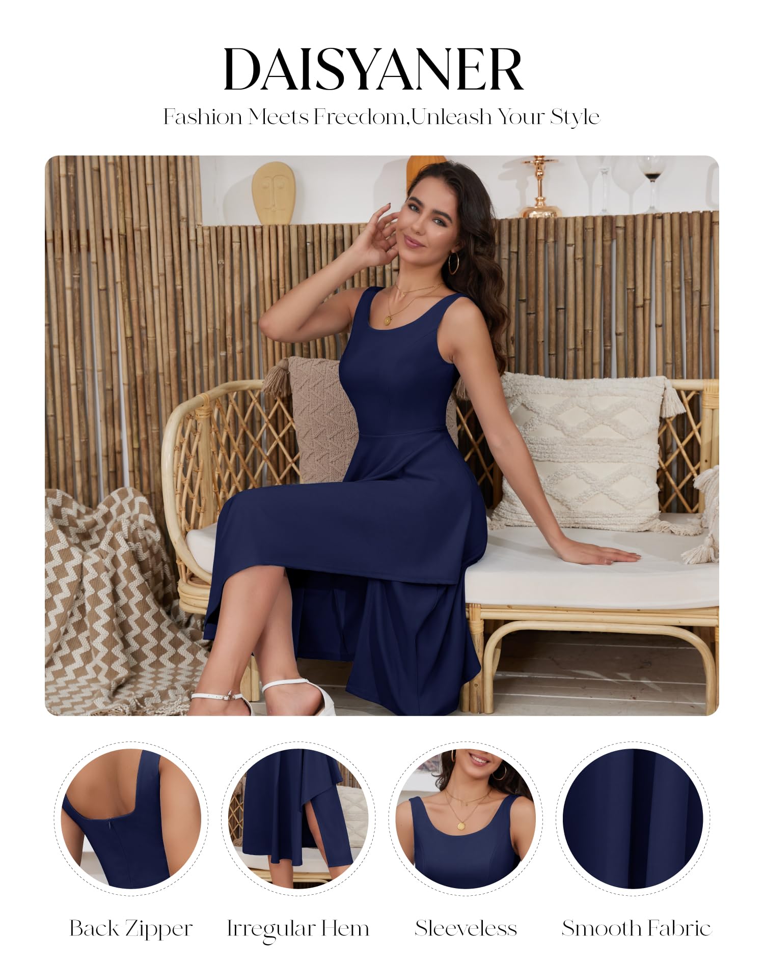 Daisyaner Women's Sleeveless Ruffle Crew Neck A-Line Midi Dress with Split & Flowy Hem - Perfect for Wedding Guest, Semi-Formal Events & Summer Parties