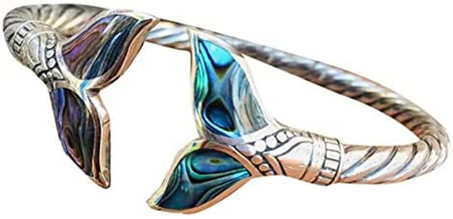 Natural Abalone Shell Mermaid Tail Bangle Bracelet for Women - Handmade Vintage Open Cuff Bracelet, Boho Beach Jewelry Gift for Her | Perfect for Summer Vacations, Beach Weddings & Festival Accessories