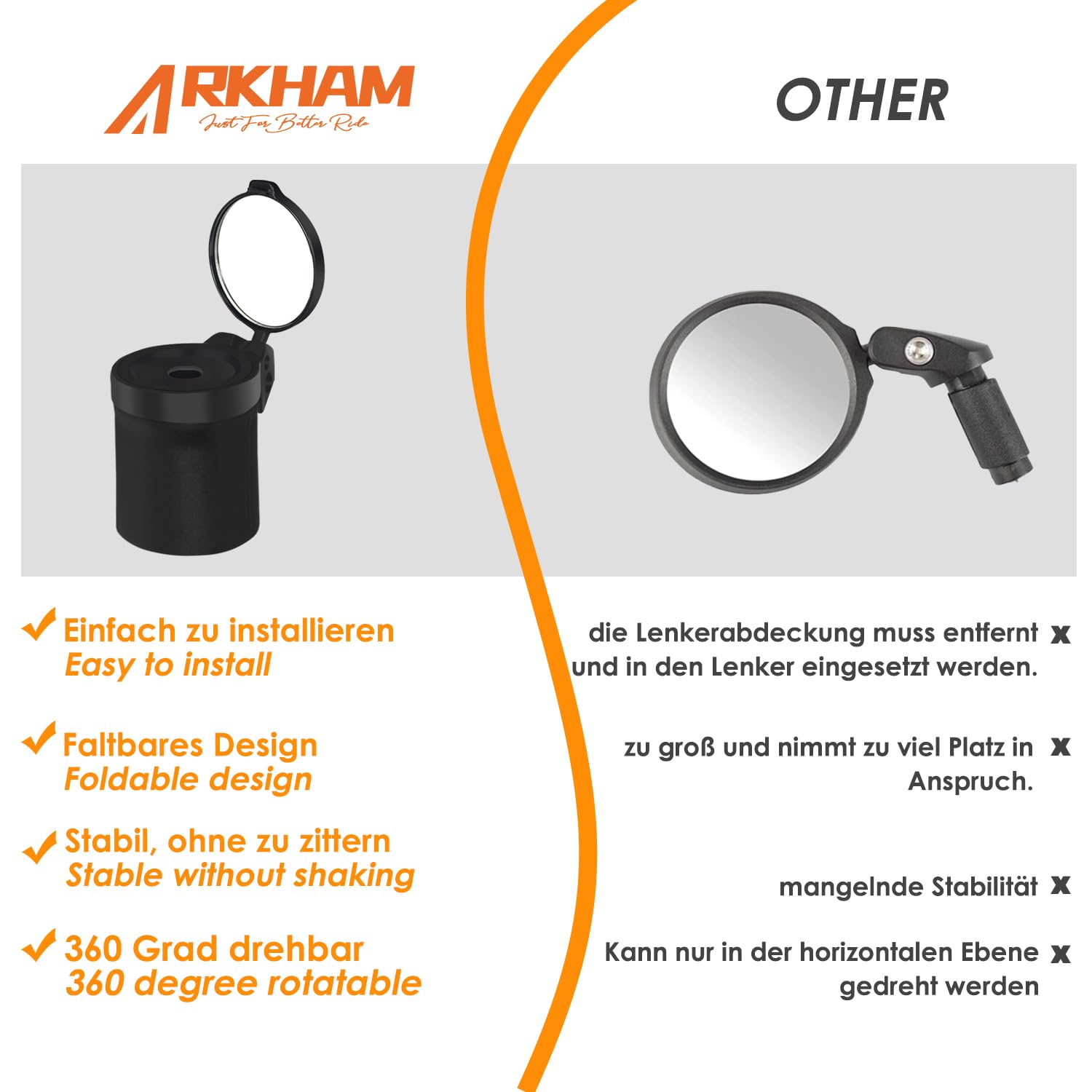 Arkham Universal Bicycle Mirror - 360° Rotating Foldable Rear View Mirror with Rubber Mounting Sleeve for Handlebars | Perfect for Mountain Bikes, Road Bikes & Commuting Safety