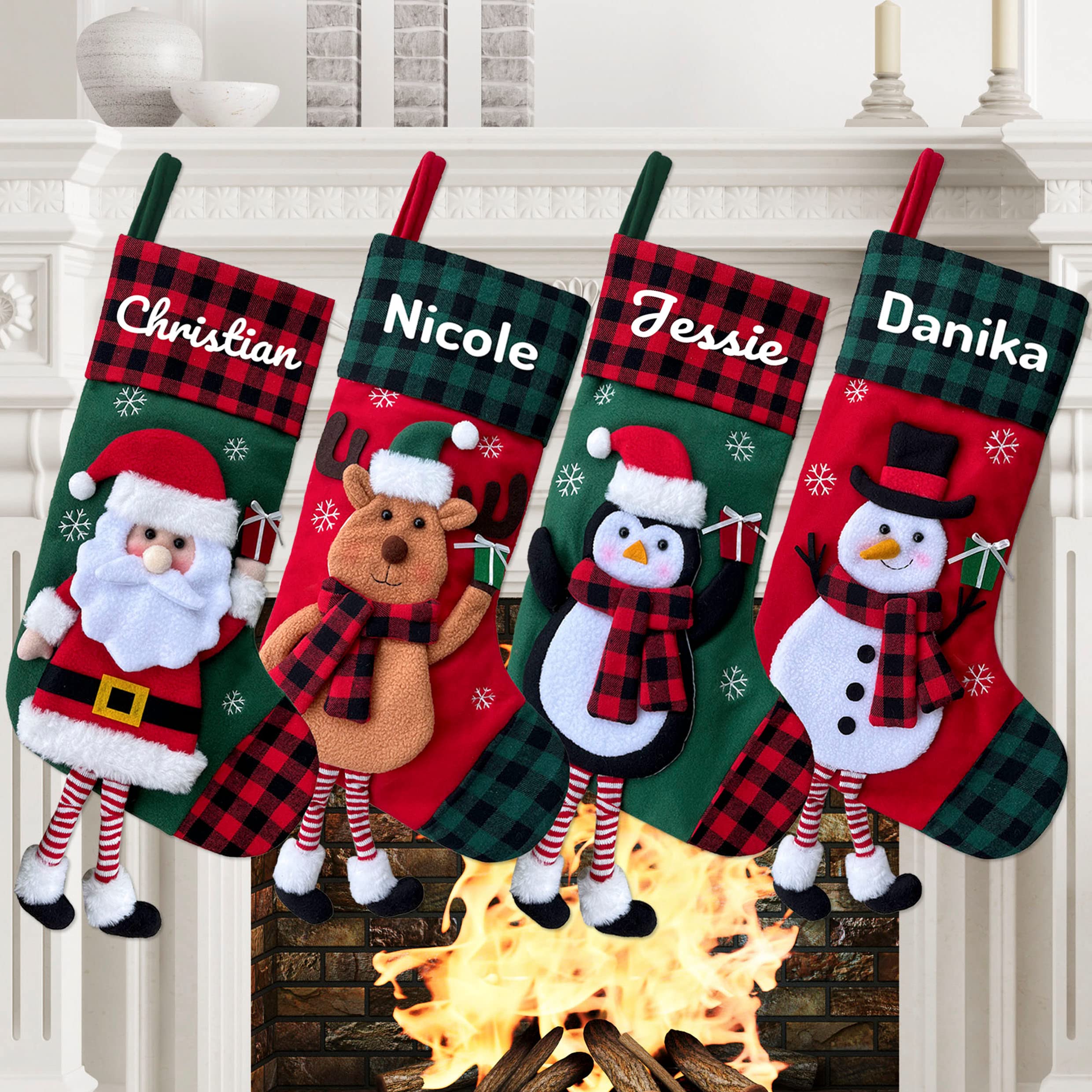 2 Pack Personalized Christmas Stockings - 3D Buffalo Plaid Red & Green Large Fireplace Hanging Stockings for Holiday Decor - Family Xmas Stocking Set of 2 - Perfect for Fireplace Mantel, Staircase & Festive Home Decor