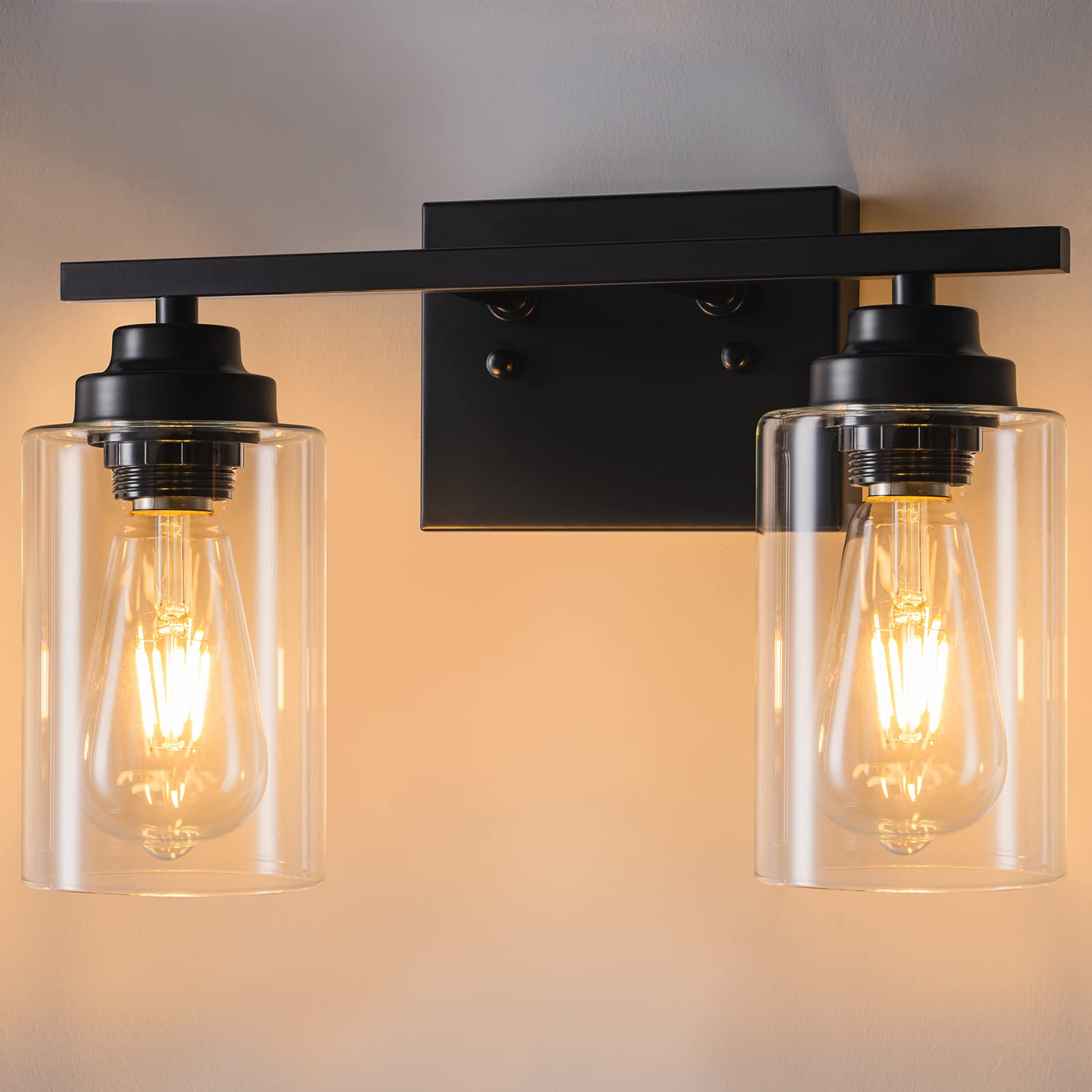 Matte Black Bathroom Vanity Lights - 2-Light Wall Sconce with Clear Glass Shade for Mirror Lighting | Farmhouse, Living Room, Restroom & Stairwell Decor | Perfect for Modern Home, Spa-Like Bathroom & Cozy Bedroom Ambience
