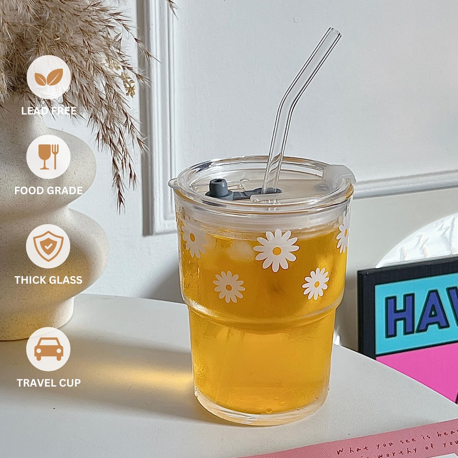 13oz Glass Tumbler with Straw and Lid - Reusable Iced Coffee Cup, Cute Travel Mug for Matcha, Water & Cold Drinks - BPA Free Insulated Glass Cup with Daisy Design - Perfect for Office, Gym, Camping & Daily Use