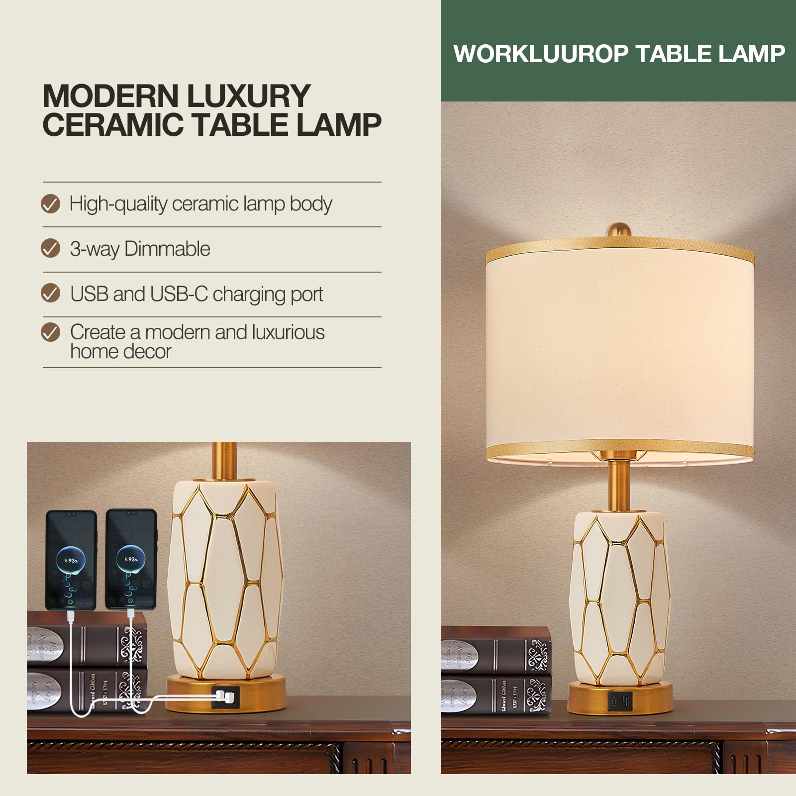 2 Pack Modern Touch Control Ceramic Table Lamps with USB Ports & Fabric Drum Shade - Black/White Nightstand Lamps for Bedroom, Living Room, Office - Includes LED Bulbs (White) - Perfect for Reading, Relaxing & Home Decor