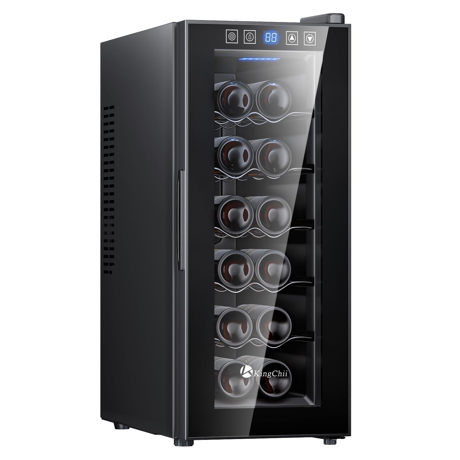KingChii 12 Bottle Thermoelectric Wine Cooler Refrigerator - Advanced Cooling Technology, Stainless Steel & Tempered Glass Design for Red Wine and Champagne Storage - Perfect for Home, Kitchen, Office, or Restaurant Use
