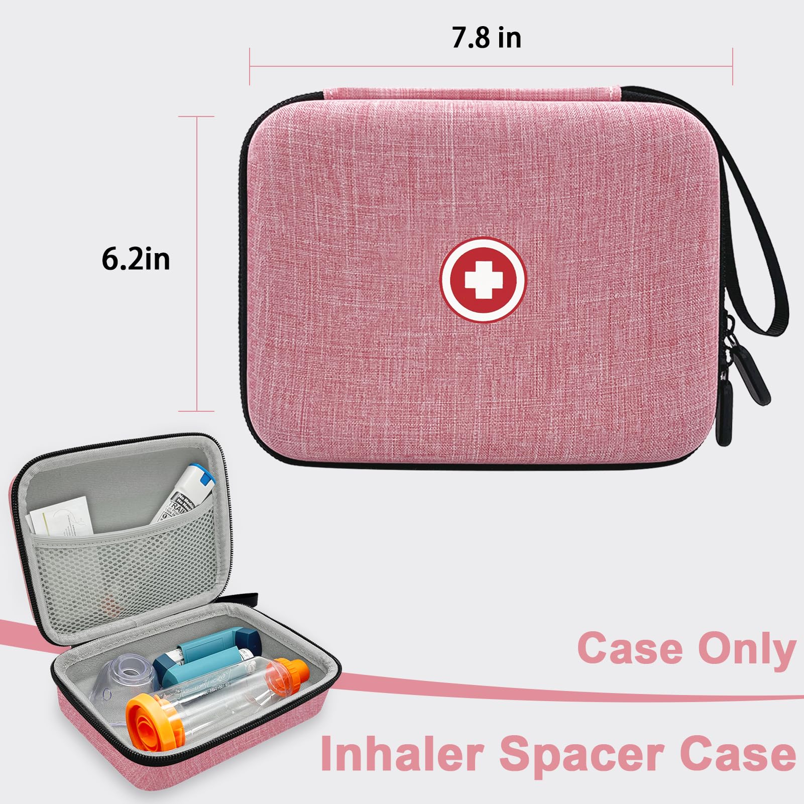 Asthma Inhaler Travel Case - Portable Hard Shell Organizer for Kids & Adults with Mesh Pocket - Holds Inhaler, Spacer, Masks & Medicine Accessories - Pink (Case Only) - Perfect for Travel, School & Daily Use