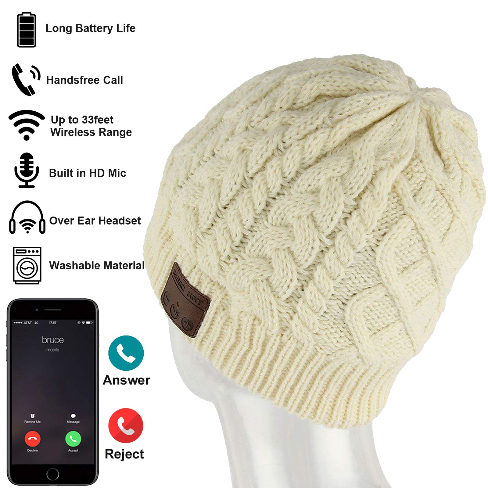 Wireless Beanie Hat with Built-in Headphones & Mic - Bluetooth Music Beanie for Men & Women - Winter Cap with Over-Ear Speakers for Outdoor Sports & Activities