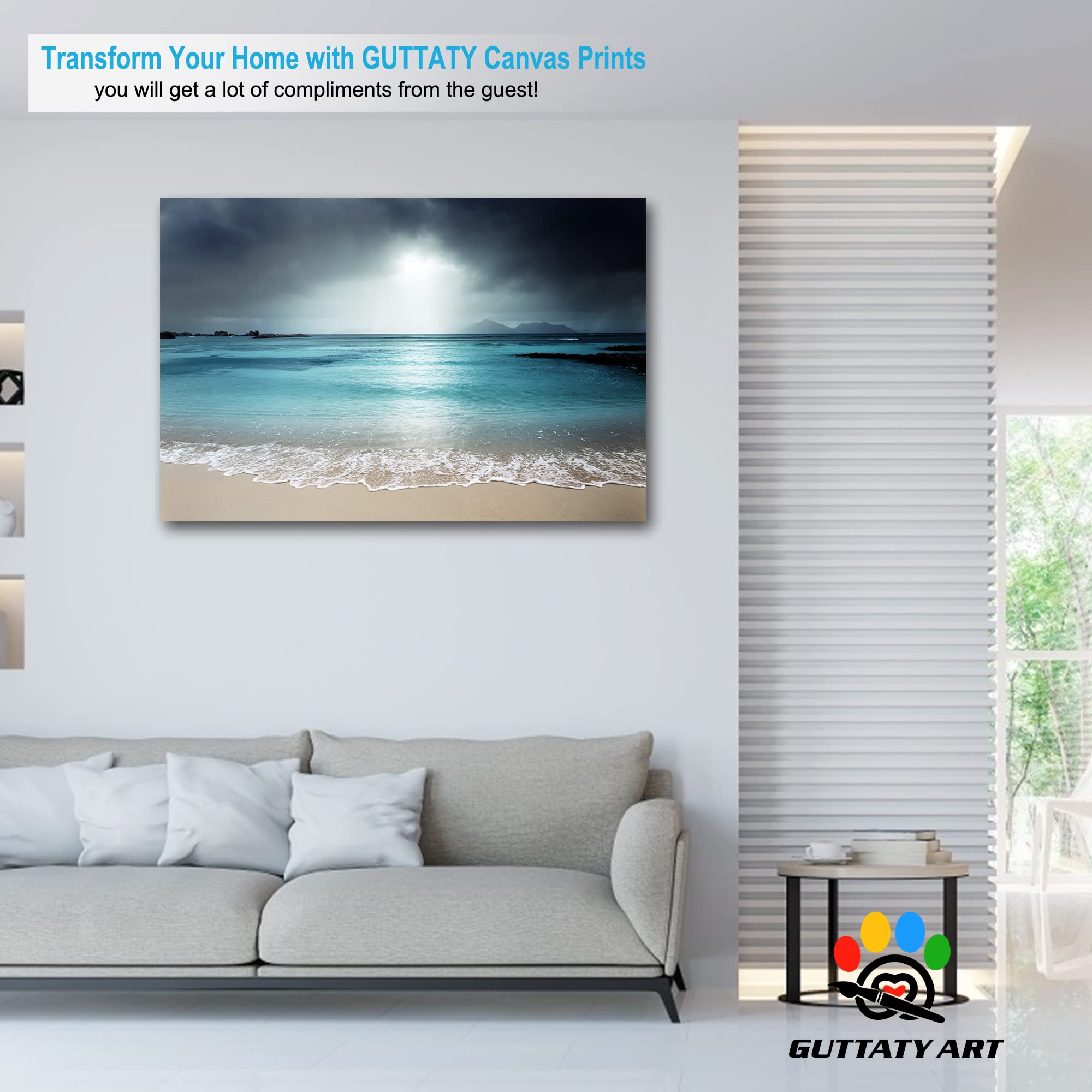GUTTATY Large Moonlight Beach Canvas Wall Art - Coastal Ocean Painting for Living Room Decor, Framed Seascape Canvas Print (32x48 Inches) - Perfect for Beach House, Bedroom & Office Wall Decoration