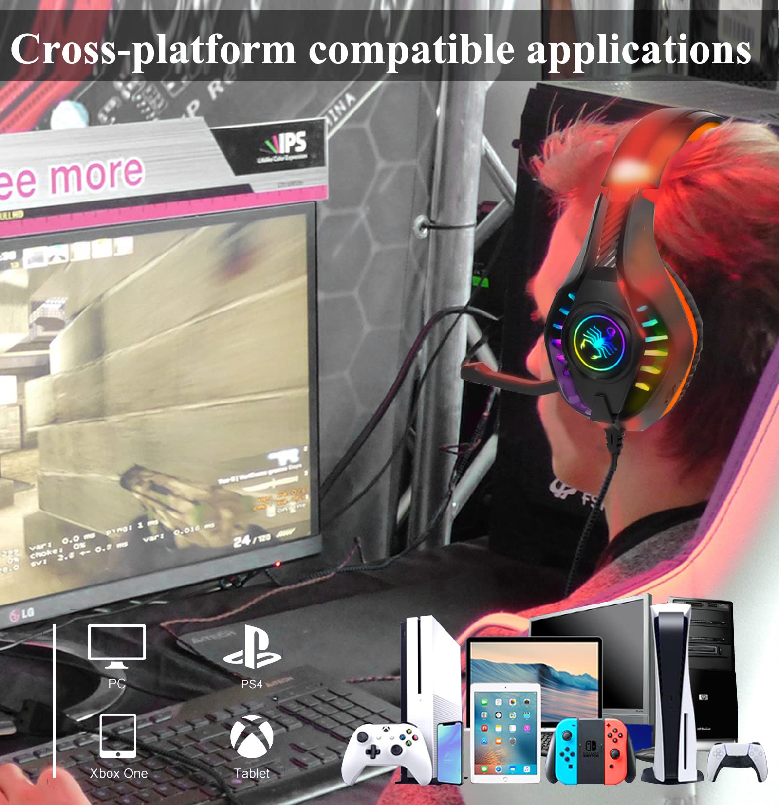 SVYHUOK Pro Gaming Headset with Mic - Over-Ear Bass Surround Sound Headphones for PC, PS4, Xbox One, Switch, Laptop - LED Light & Soft Memory Earmuffs - Perfect for Online Gaming, Streaming, eSports & Gift for Boys, Teens, Kids