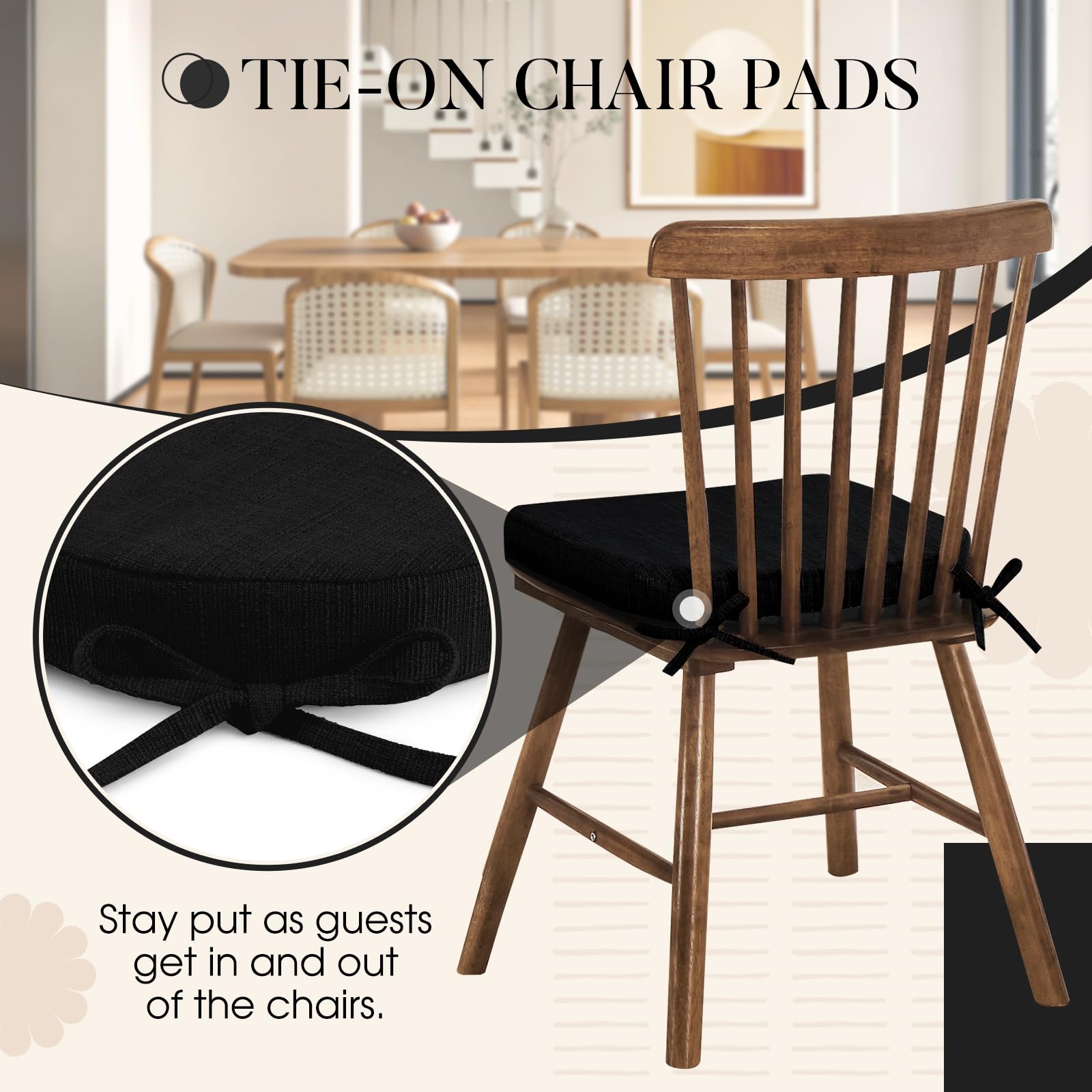 6 Pack Non-Slip Dining Chair Cushions with Ties - 16x16 Inch Kitchen Chair Pads for Comfortable Seating - Perfect for Dining Room, Kitchen, Office & Outdoor Use (Black)