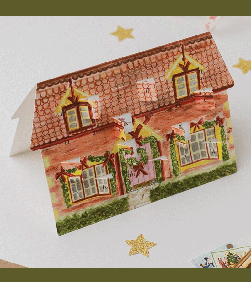 Cozy House Advent Calendar Christmas Card - Handmade Western Sketch Design for Holiday Countdown & Festive Decor