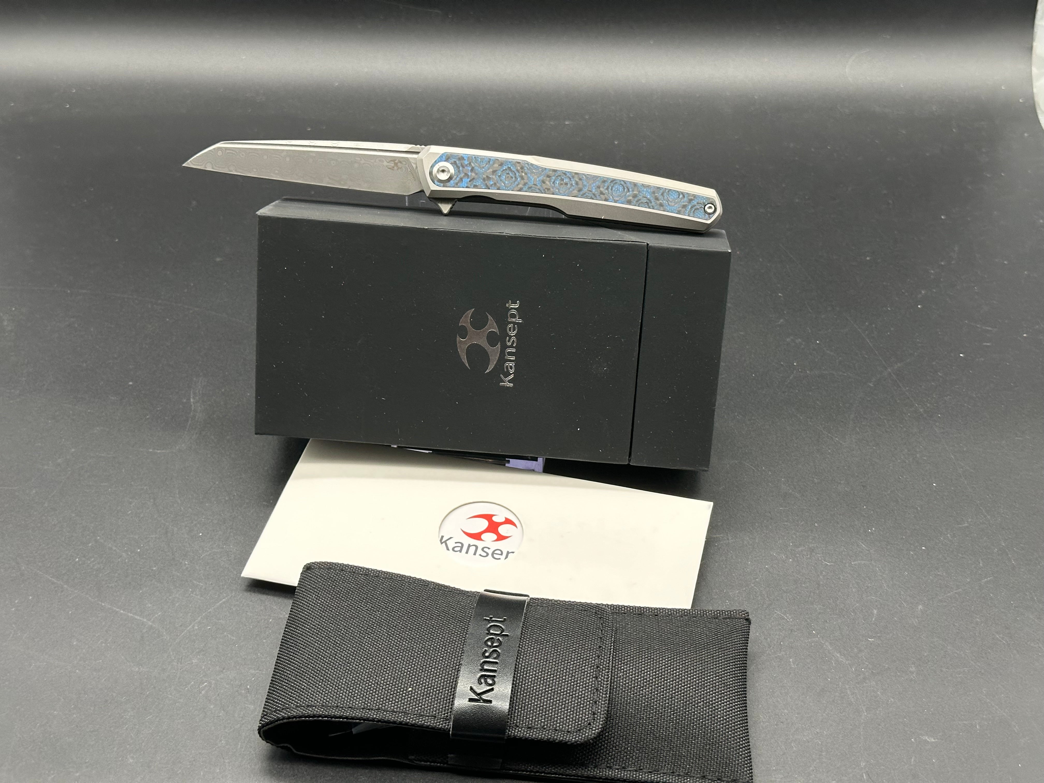 KANSEPT ARCUS Titanium Folding Knife with Blue Rose Carbon Fiber Handle & Damascus Blade - EDC, Camping, Hunting, Outdoor Survival Gear