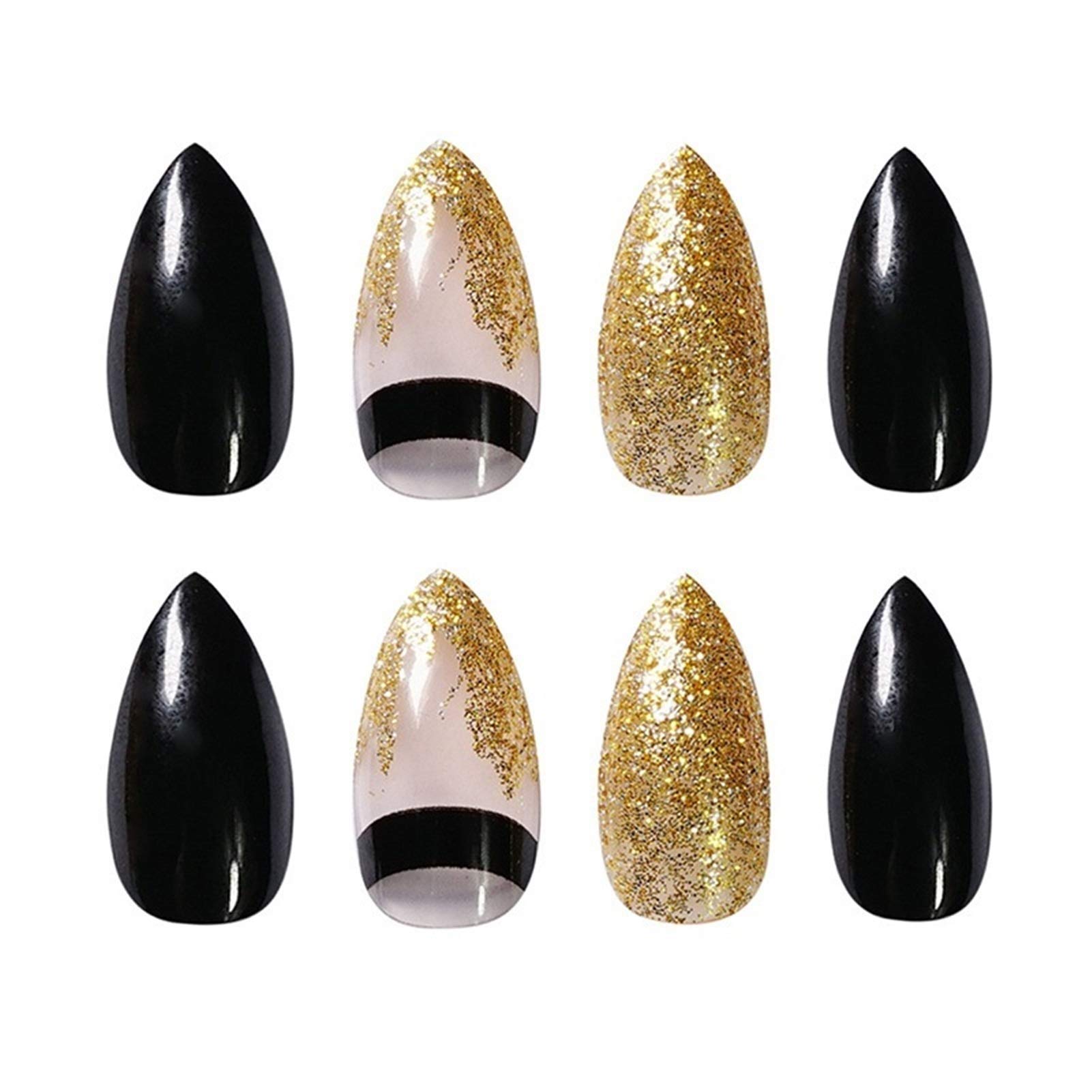 24pcs French Manicure Fake Nails - Black Gold Powder Tip Press on Nails, Removable False Nails with Finished Design for Women | Perfect for Parties, Weddings & Special Occasions