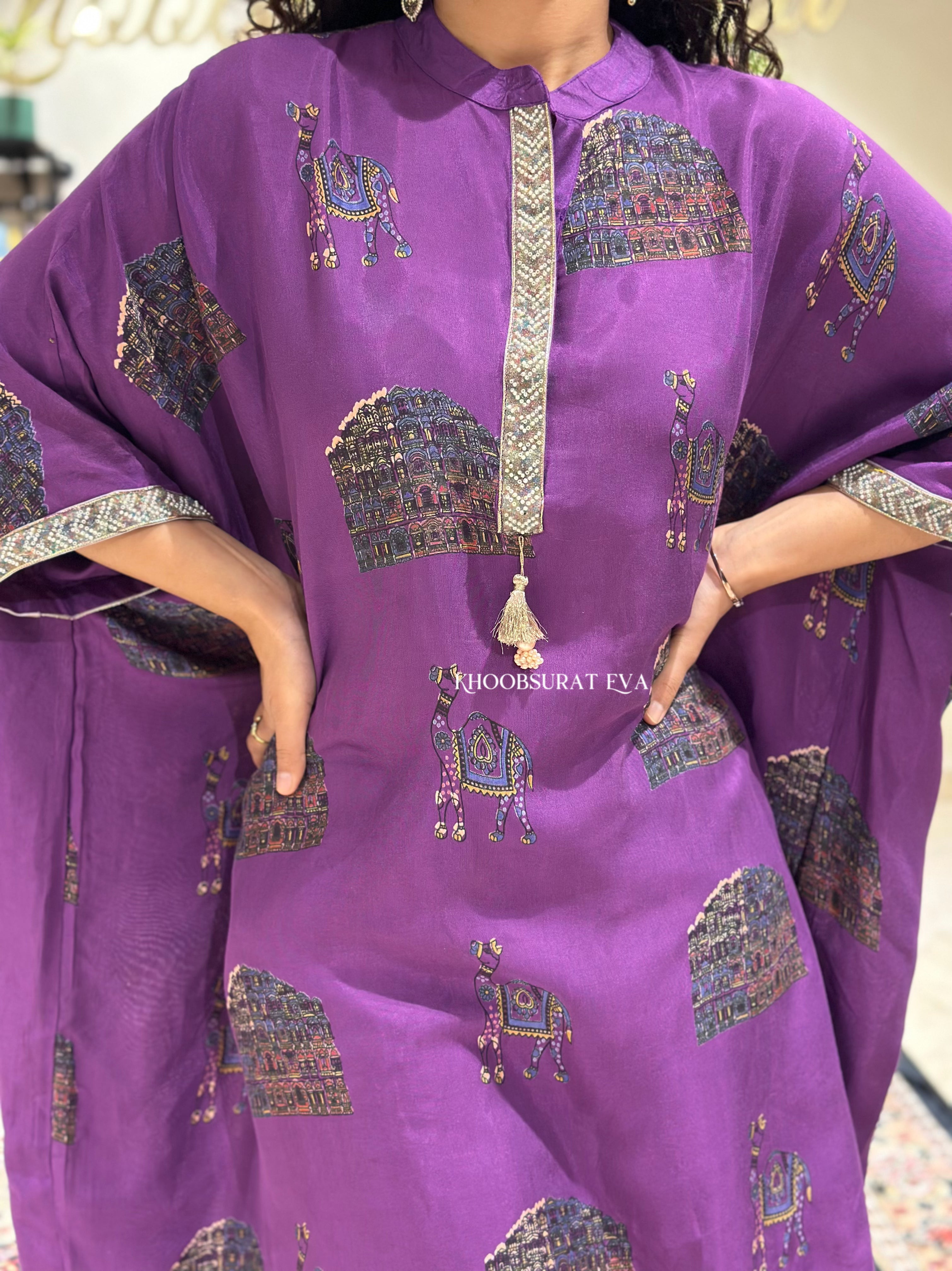 Elegant Purple Kaftan Tunic Set for Women - Boho Chic Loungewear & Beach Cover Up - Perfect for Vacation, Poolside, and Summer Outfits