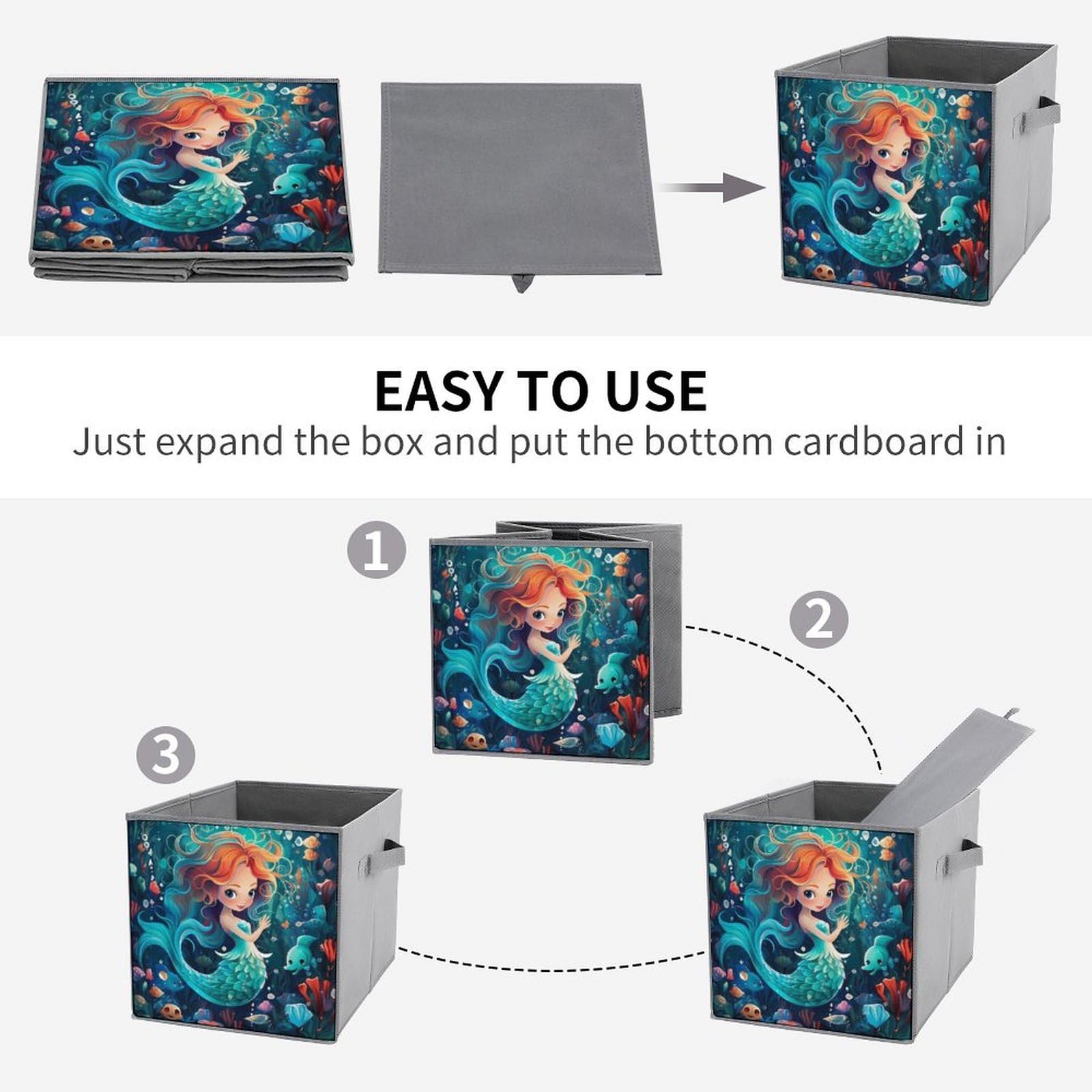 **Cute Mermaid Foldable Storage Bins & Organizers - 6-Pack Square Storage Baskets with Handles for Kids Room, Closet, or Playroom Organization**