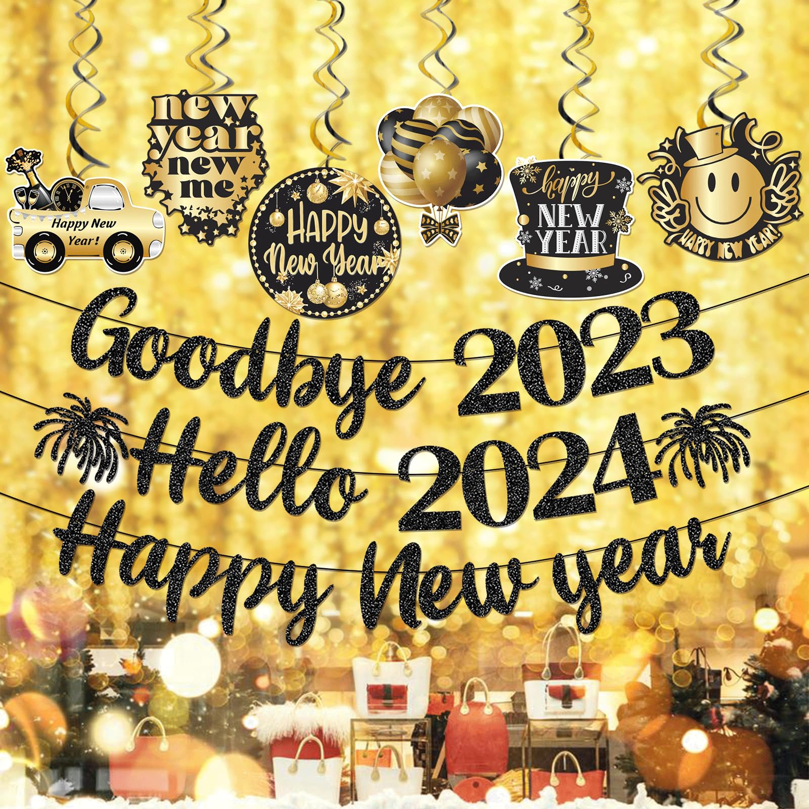 2024 New Year Decorations Set - Black Glitter Happy New Year Banner, Goodbye 2023 Hello 2024 Sign, NYE Party Supplies & Hanging Decorations - Perfect for New Year's Eve Parties, Countdown Events & Home Decoration