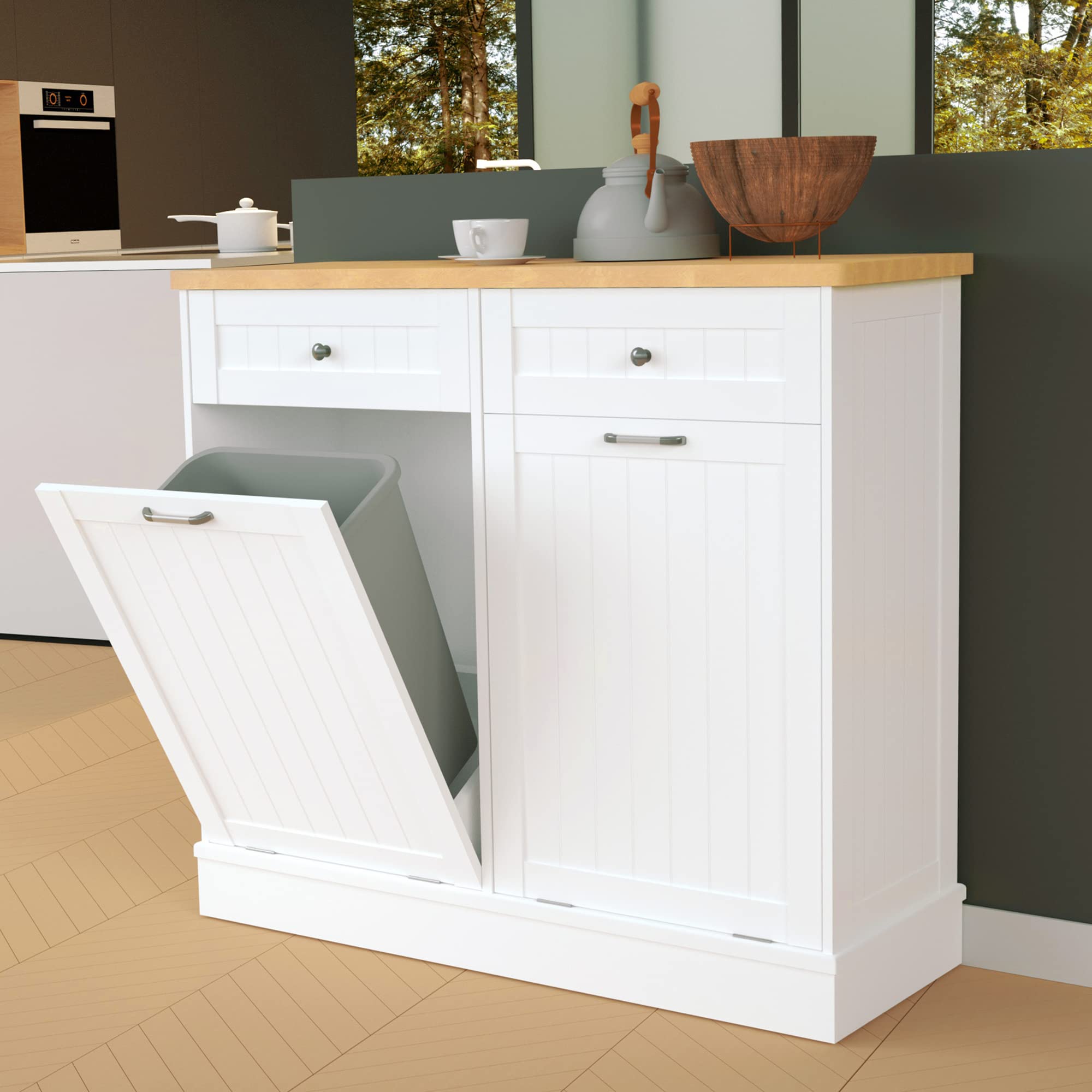 10 Gallon Wooden Tilt-Out Trash Cabinet - Free Standing Laundry Sorter & Recycling Bin with Hideaway Drawer for Kitchen, Bathroom, and Utility Room Organization