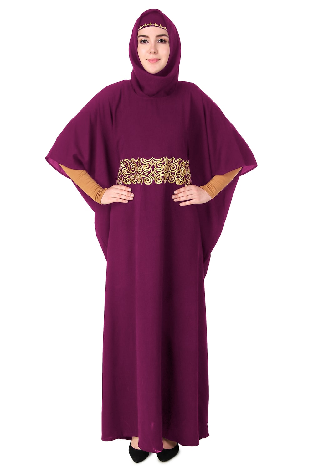 Handmade Gold Embroidered Waist Accent Kaftan Dress - Elegant Beach Cover Up & Boho Chic Homewear for Women
