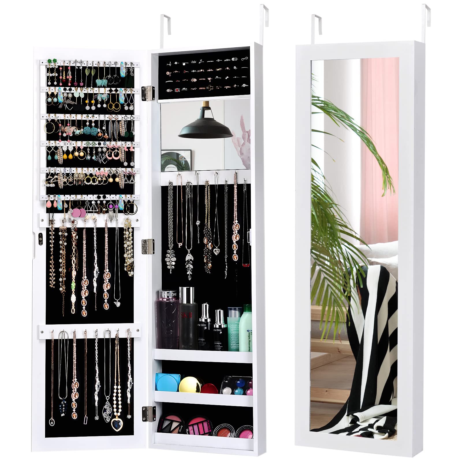 COSTWAY Full Length Mirror Jewelry Cabinet with Makeup Mirror - Wall Mounted Jewelry Organizer with Ring Slots & Necklace Hooks - Large Storage Jewelry Armoire for Bedroom & Dressing Room (White) - Perfect for Vanity, Closet Organization & Home Decor