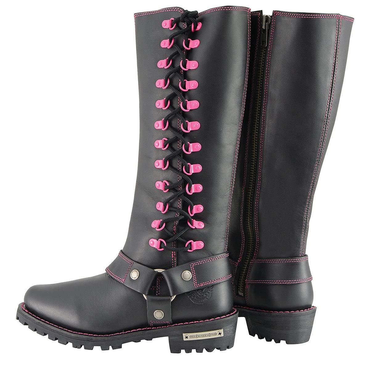 Milwaukee MBL9366 Women's 14-Inch Black Leather Motorcycle Boots with Purple Accent Lacing - Durable Riding Boots for Harley Davidson & Cruiser Bikes